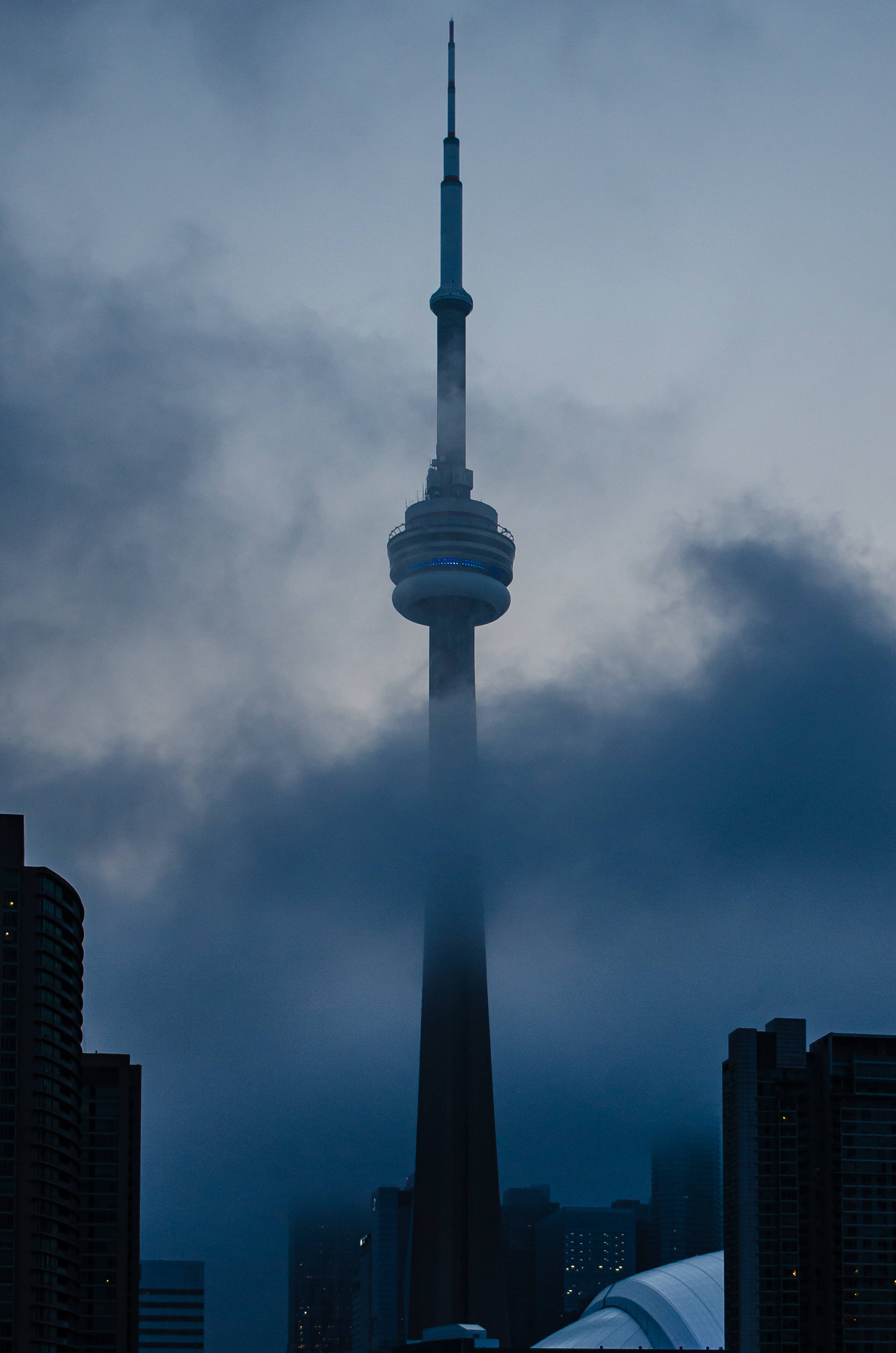 CN Tower, twilight sky, swirling clouds, 2K Phone Wallpaper