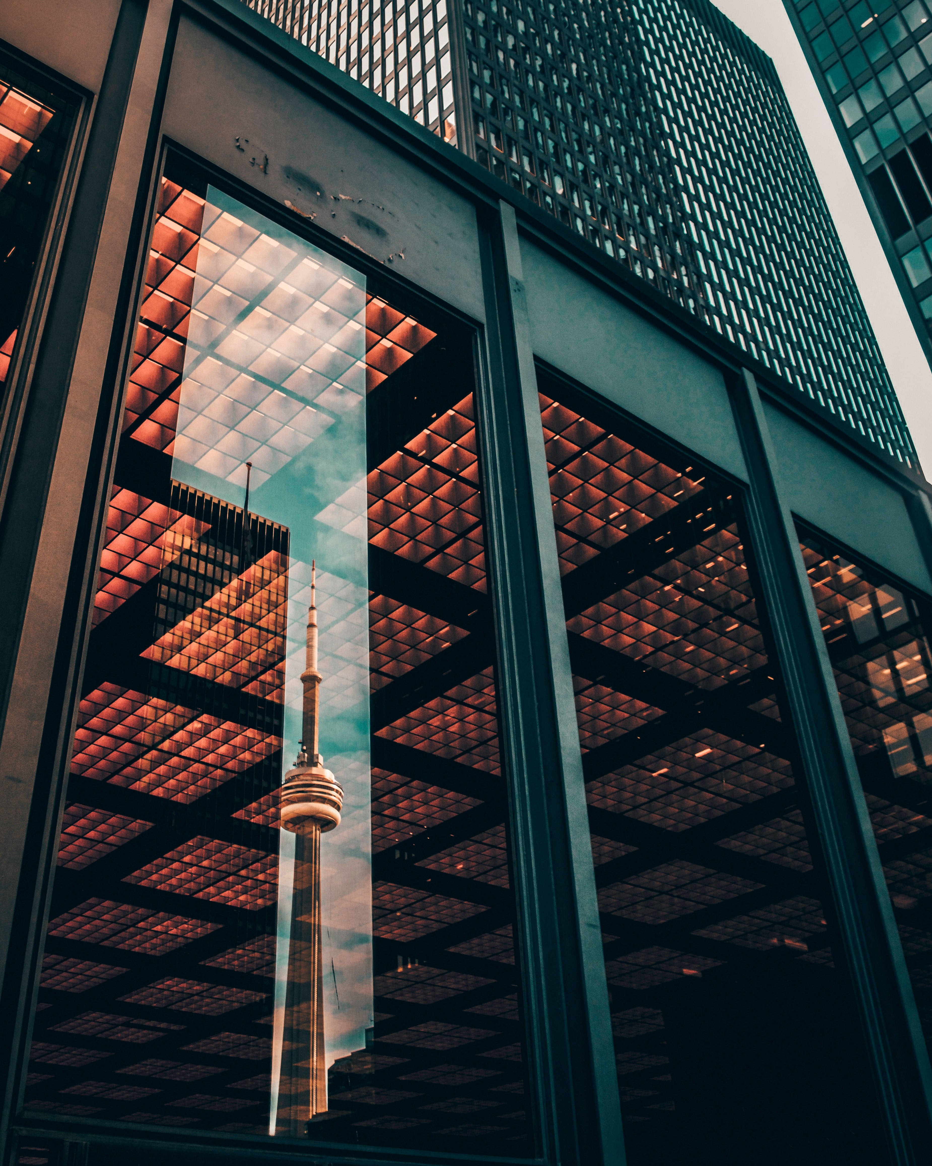 CN Tower, glass facade, geometric patterns, 4K Phone Wallpaper