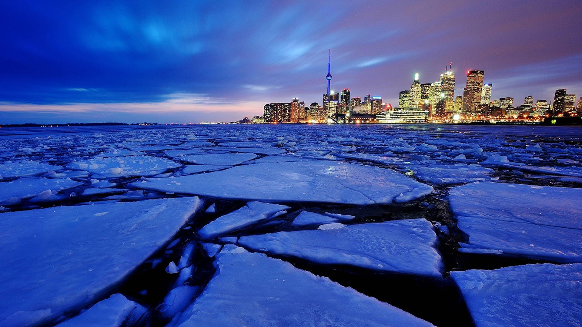 CN Tower, frozen lake, cracked ice, Full HD Desktop Wallpaper