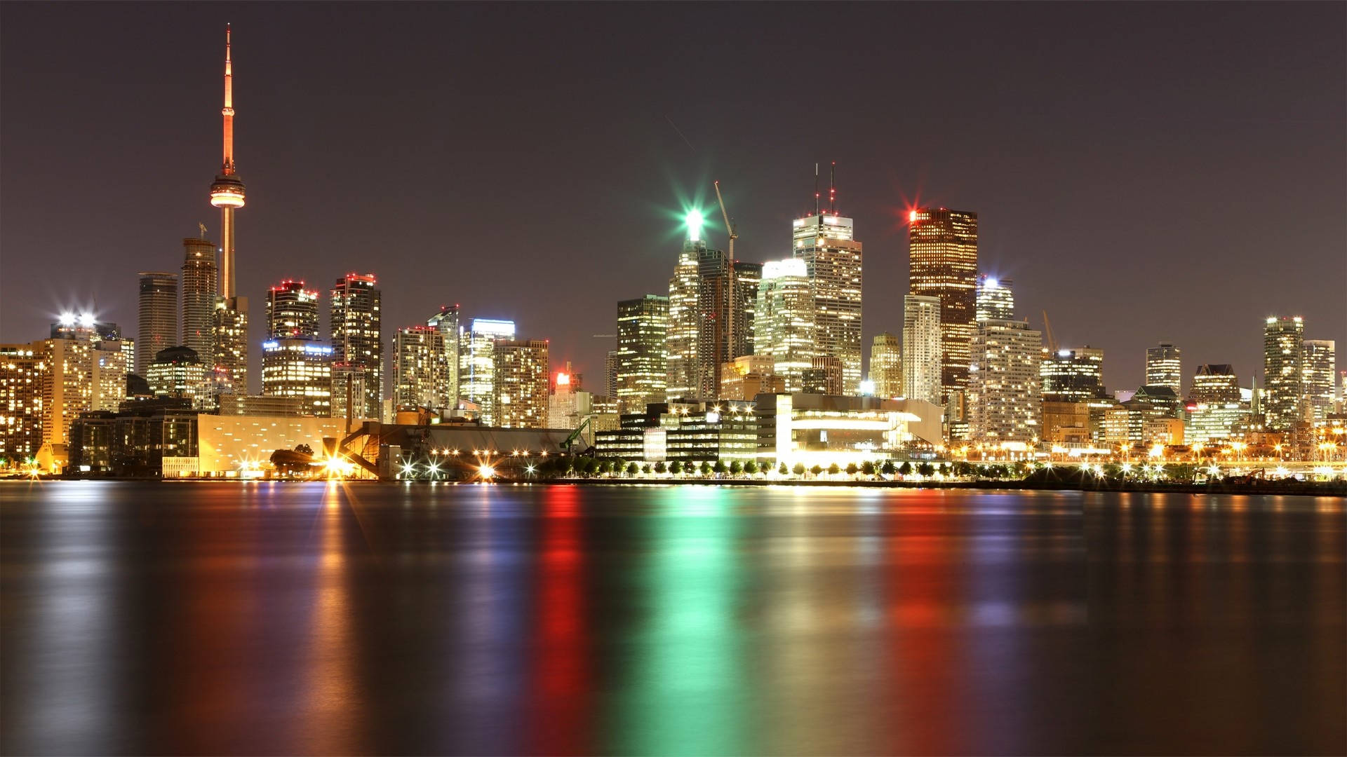 CN Tower, nighttime cityscape, illuminated skyscrapers, Full HD Desktop Wallpaper