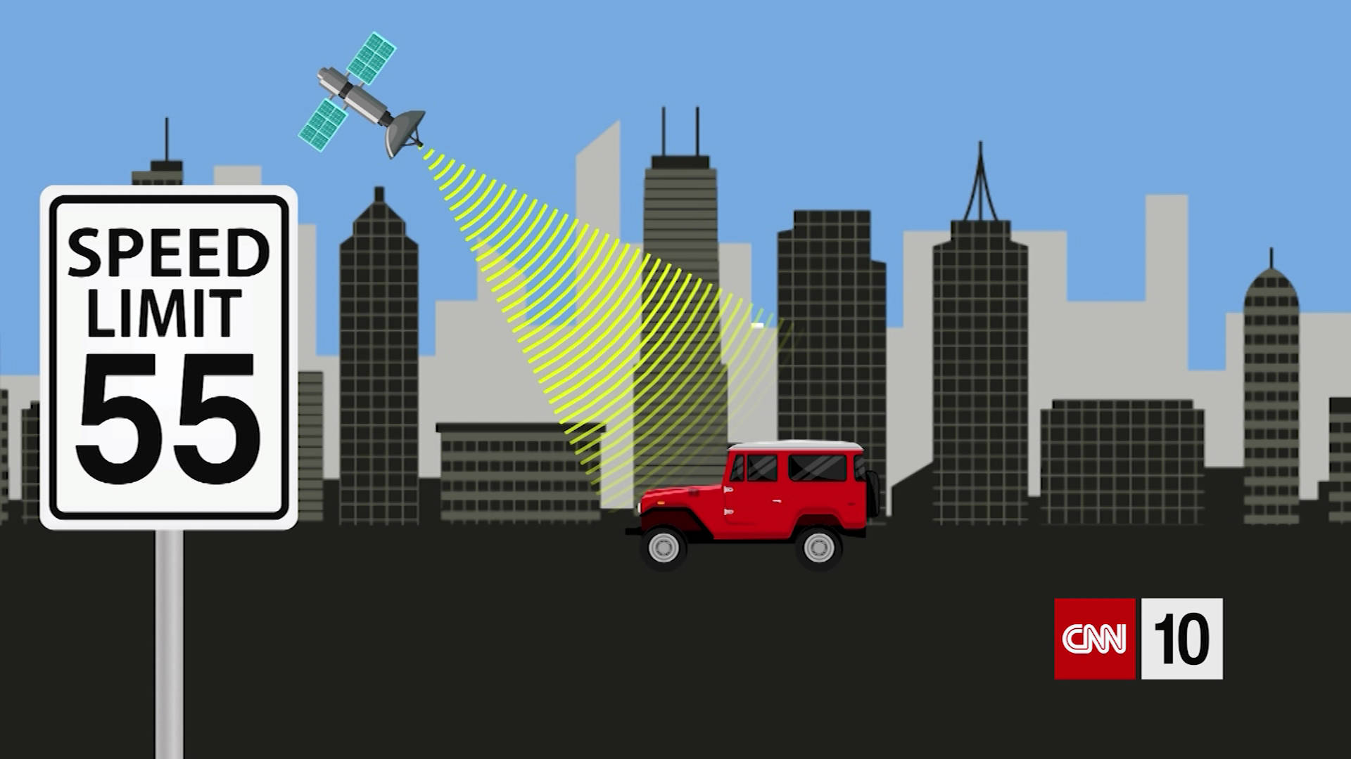 CNN 10, red jeep, speed limit 55 sign, Full HD Desktop Wallpaper