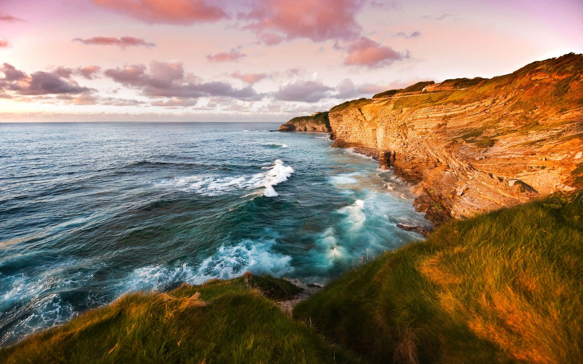 Pink-Clouded Sky, Sunset, cliffs, Full HD Desktop Wallpaper