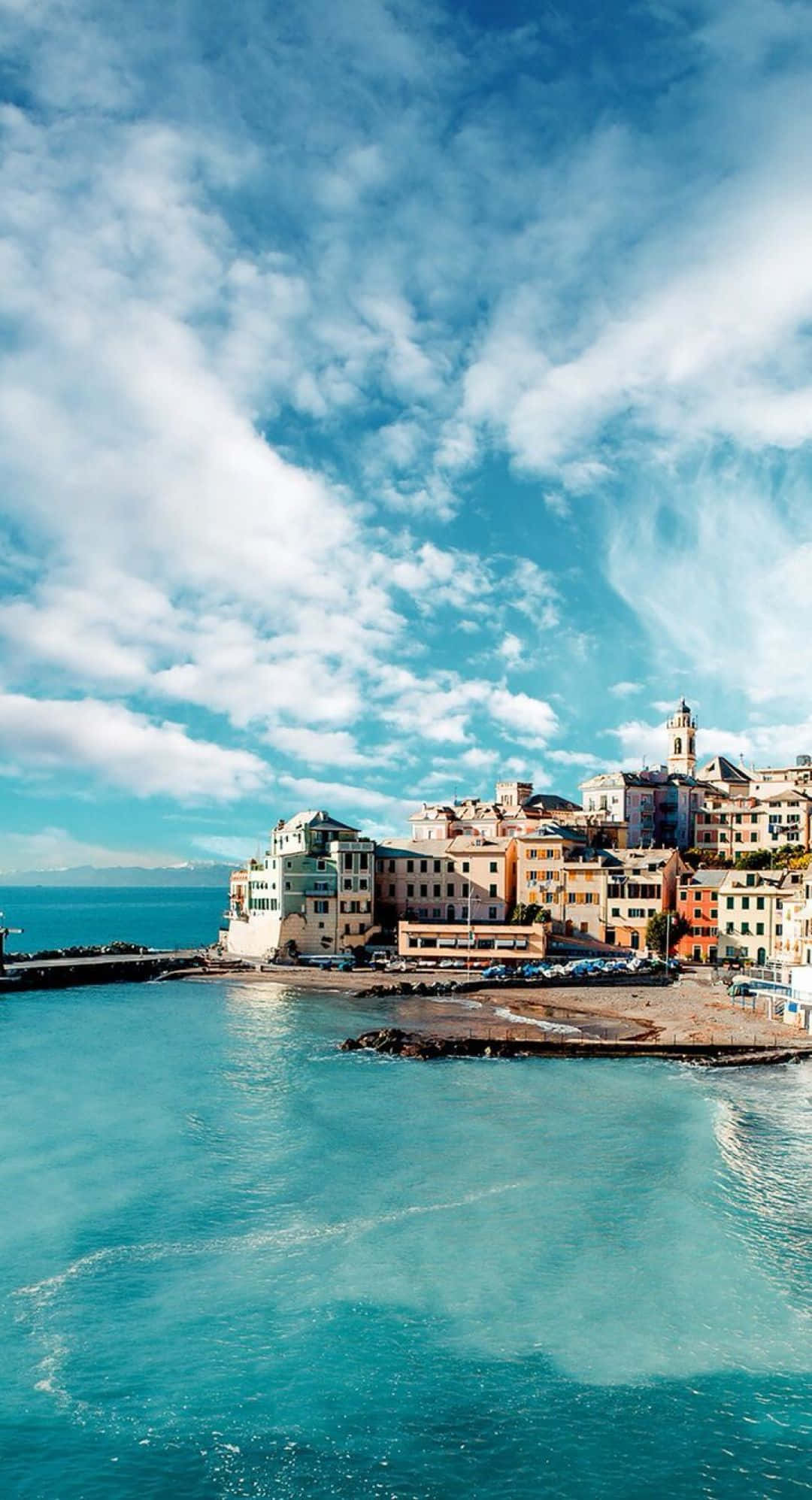 coastal town, cliffs, turquoise waters, Full HD Phone Wallpaper