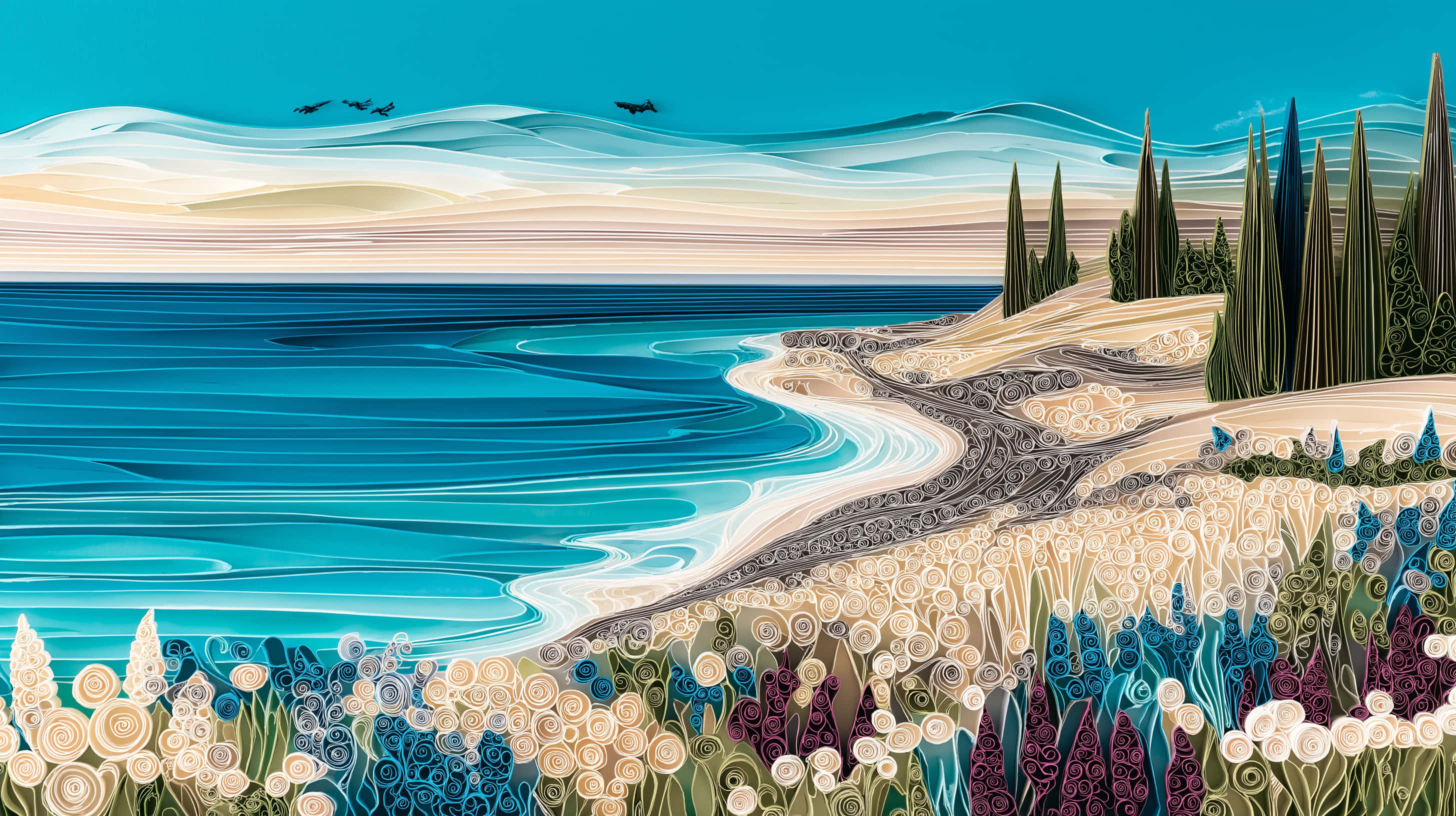 coastal landscape, turquoise waters, sandy shores, 2K Desktop Wallpaper
