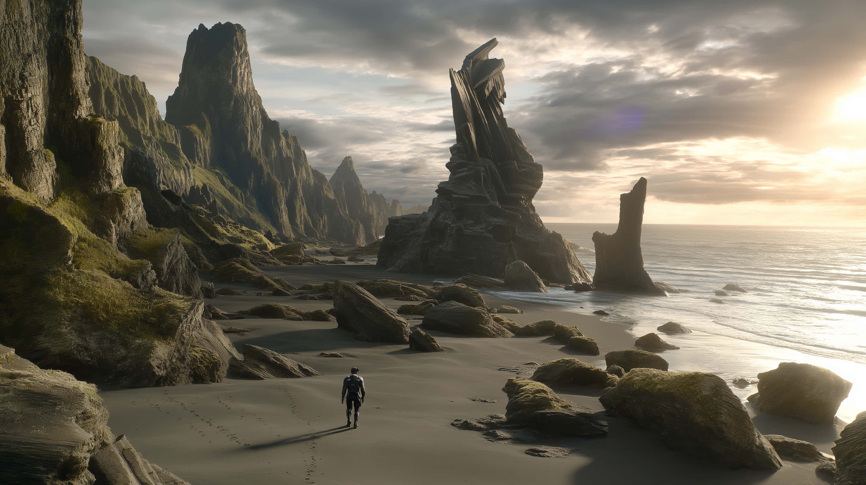 black sand beach, towering jagged rock formations, misty coastal beach, 2K Desktop Wallpaper