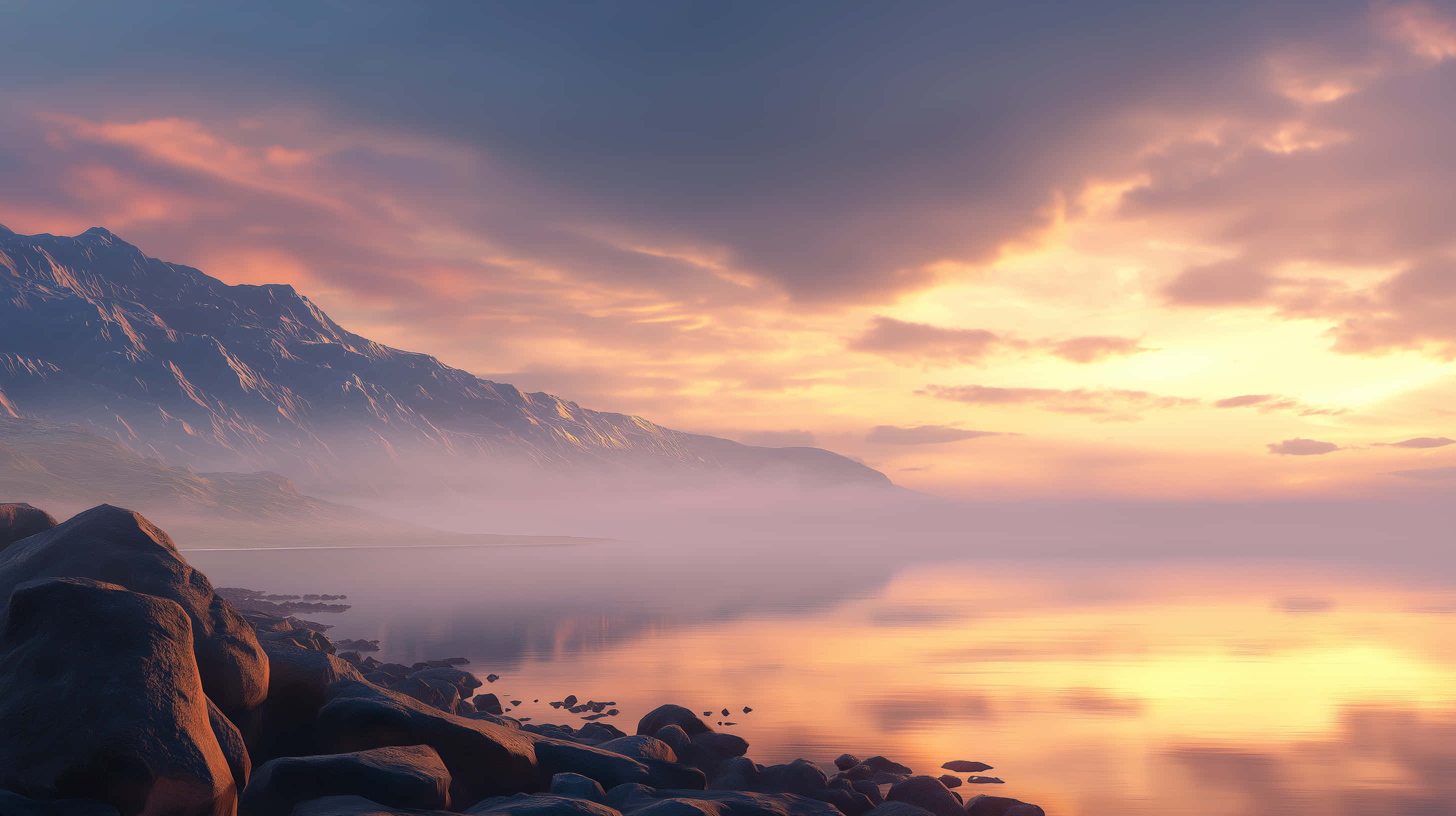 serene coastal sunrise, misty waters, rocky shores, 2K Desktop Wallpaper