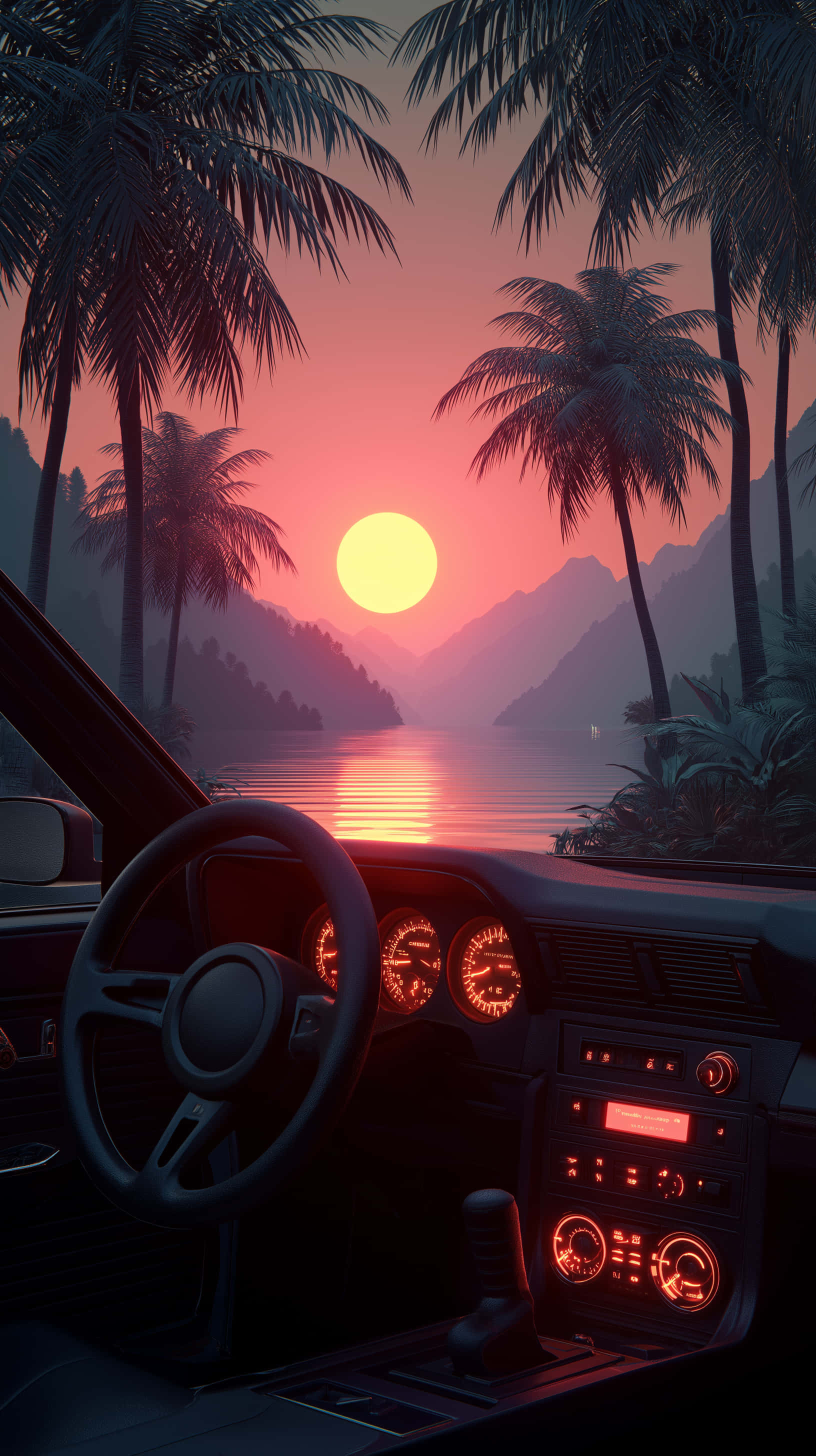 coastal road, sunset, palm trees, 2K Phone Wallpaper