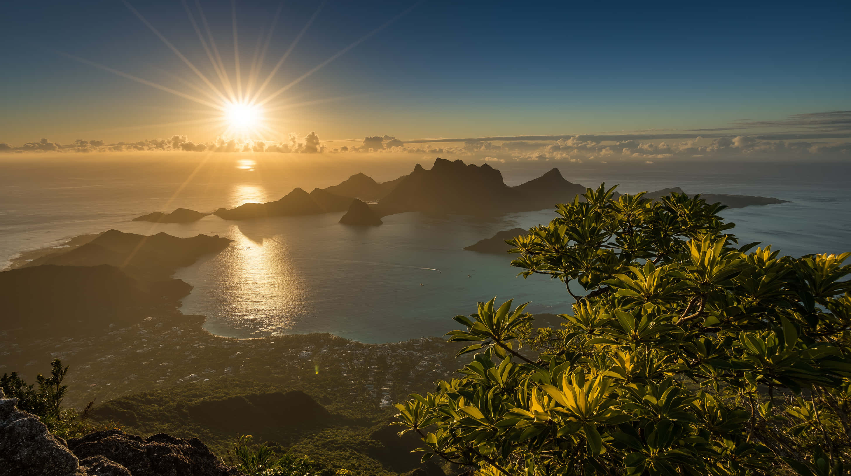 Sunrise, tropical mountains, shimmering ocean, 2K Desktop Wallpaper
