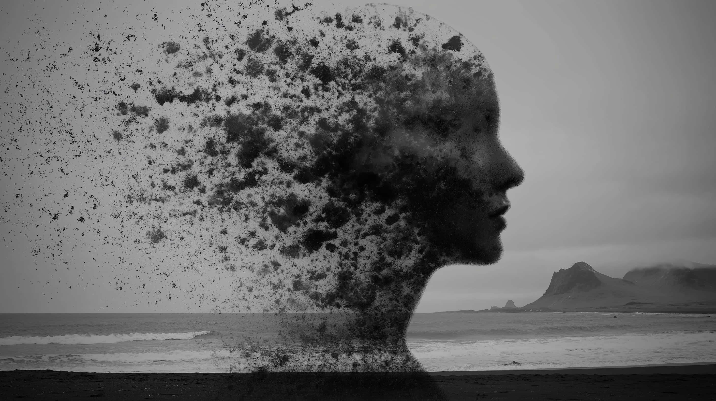 human head, dissolving into particles, coastal backdrop, 2K Desktop Wallpaper
