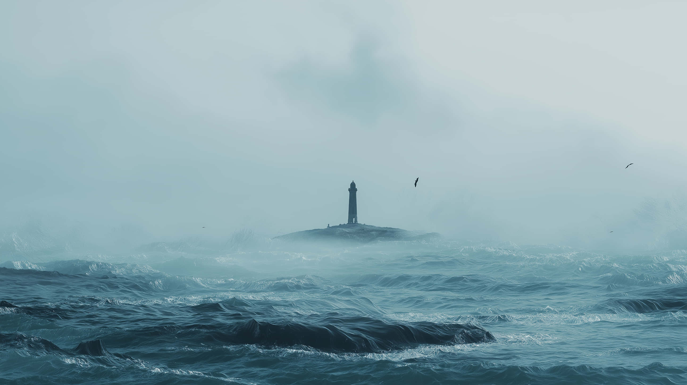 misty lighthouse, rocky outcrop, rough ocean waters, 2K Desktop Wallpaper