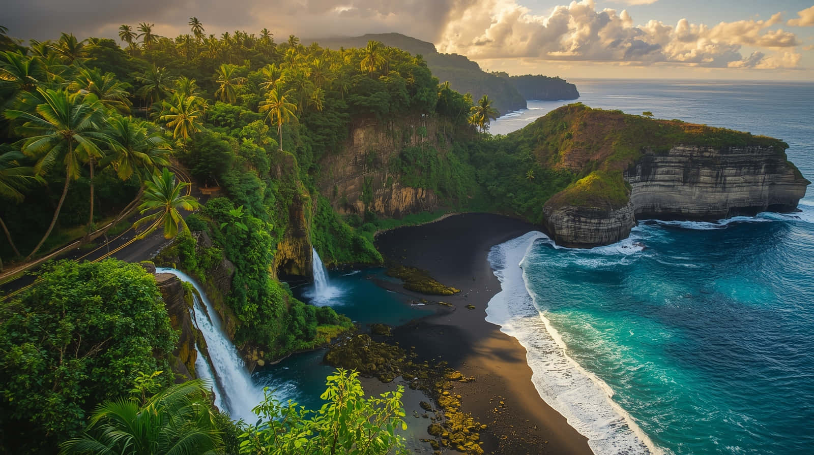 tropical black sand beach, waterfall, lush green cliffs, HD Desktop Wallpaper