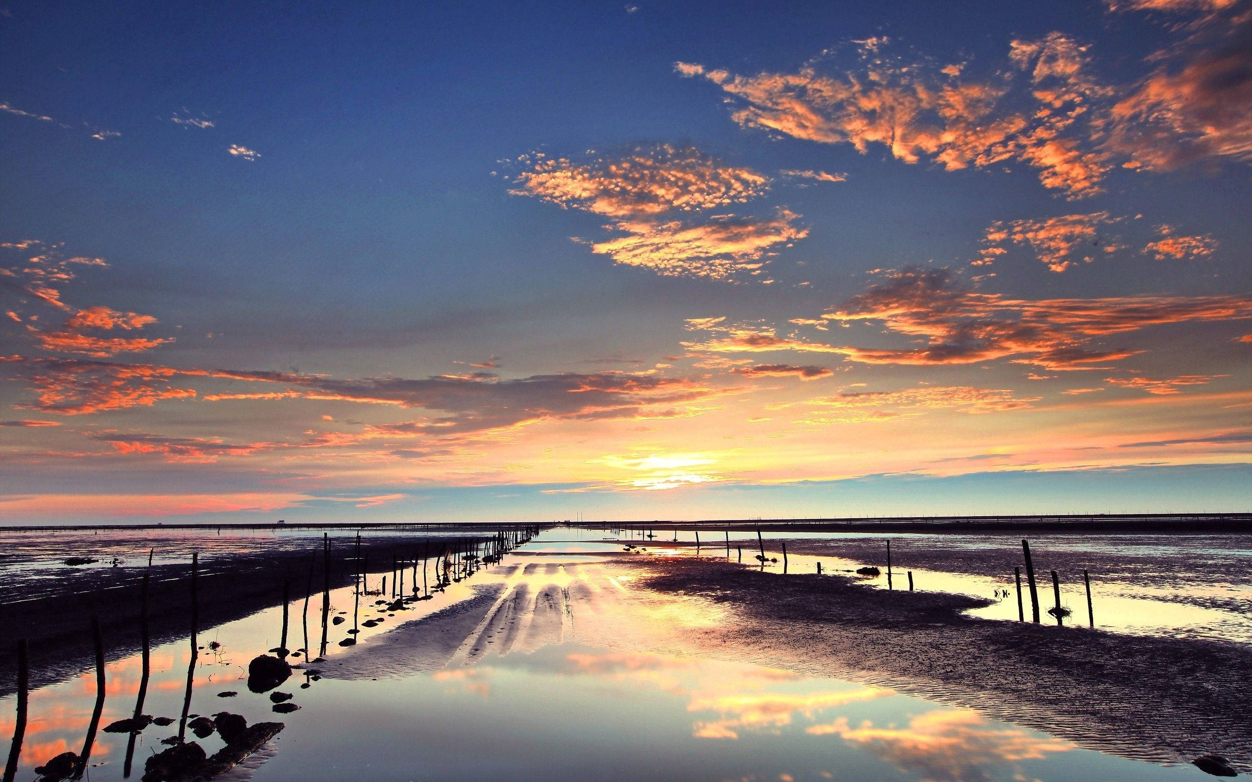 Sunset, fiery orange, deep blue, 2K Desktop Wallpaper