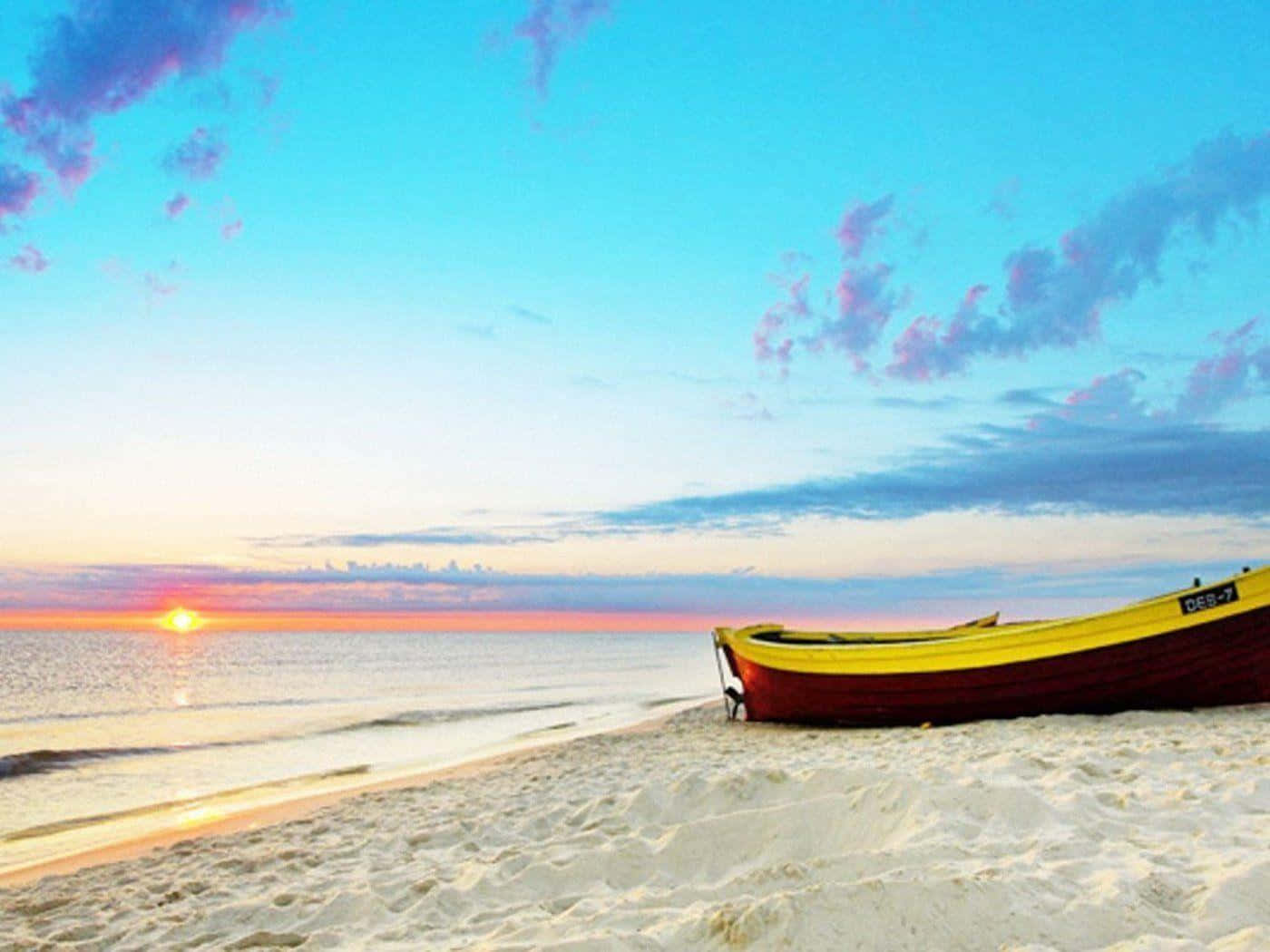 Seashore, vibrant yellow and red boat, white sand, HD Desktop Wallpaper