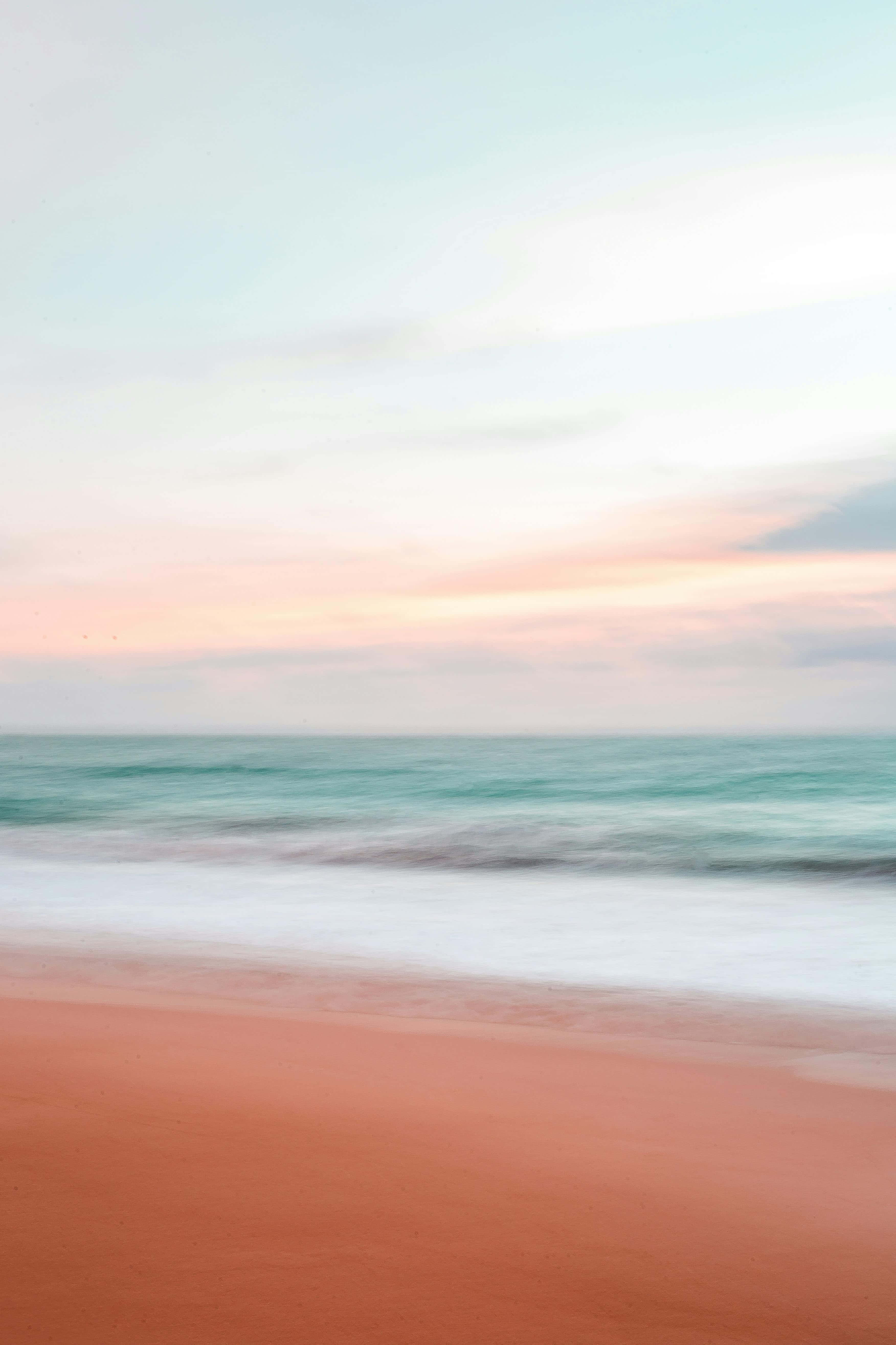 serene beach sunset blur, sunrise, soft pink peach, 5K Phone Wallpaper