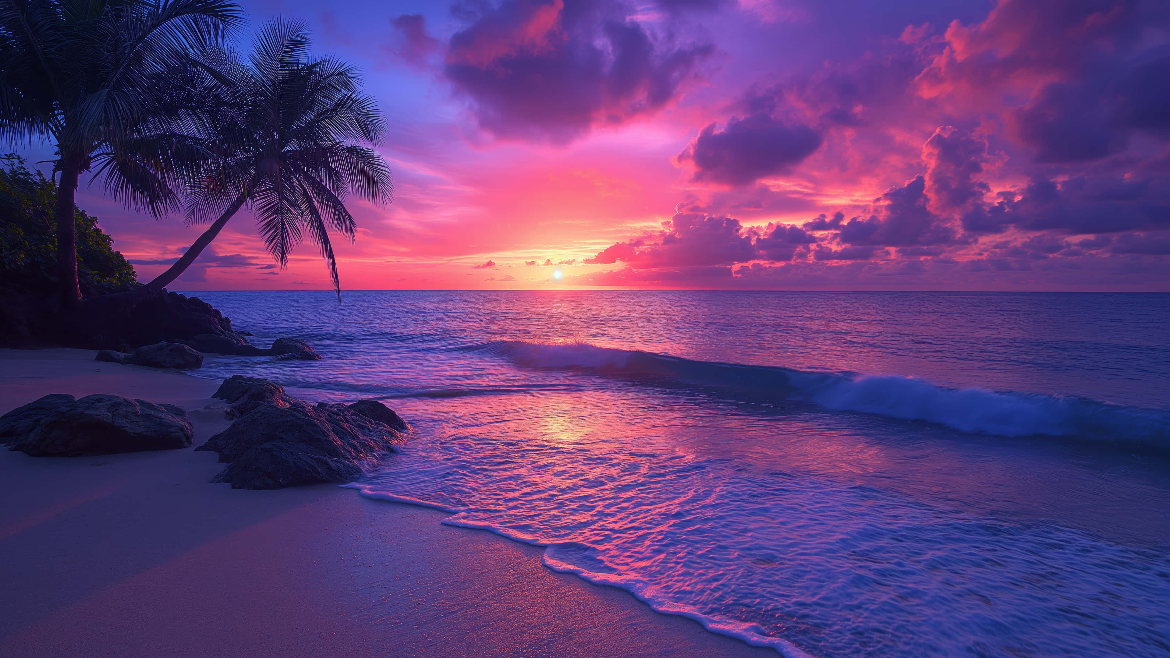 tropical beach, sunset, vibrant pink purple and blue skies, 4K Desktop Wallpaper