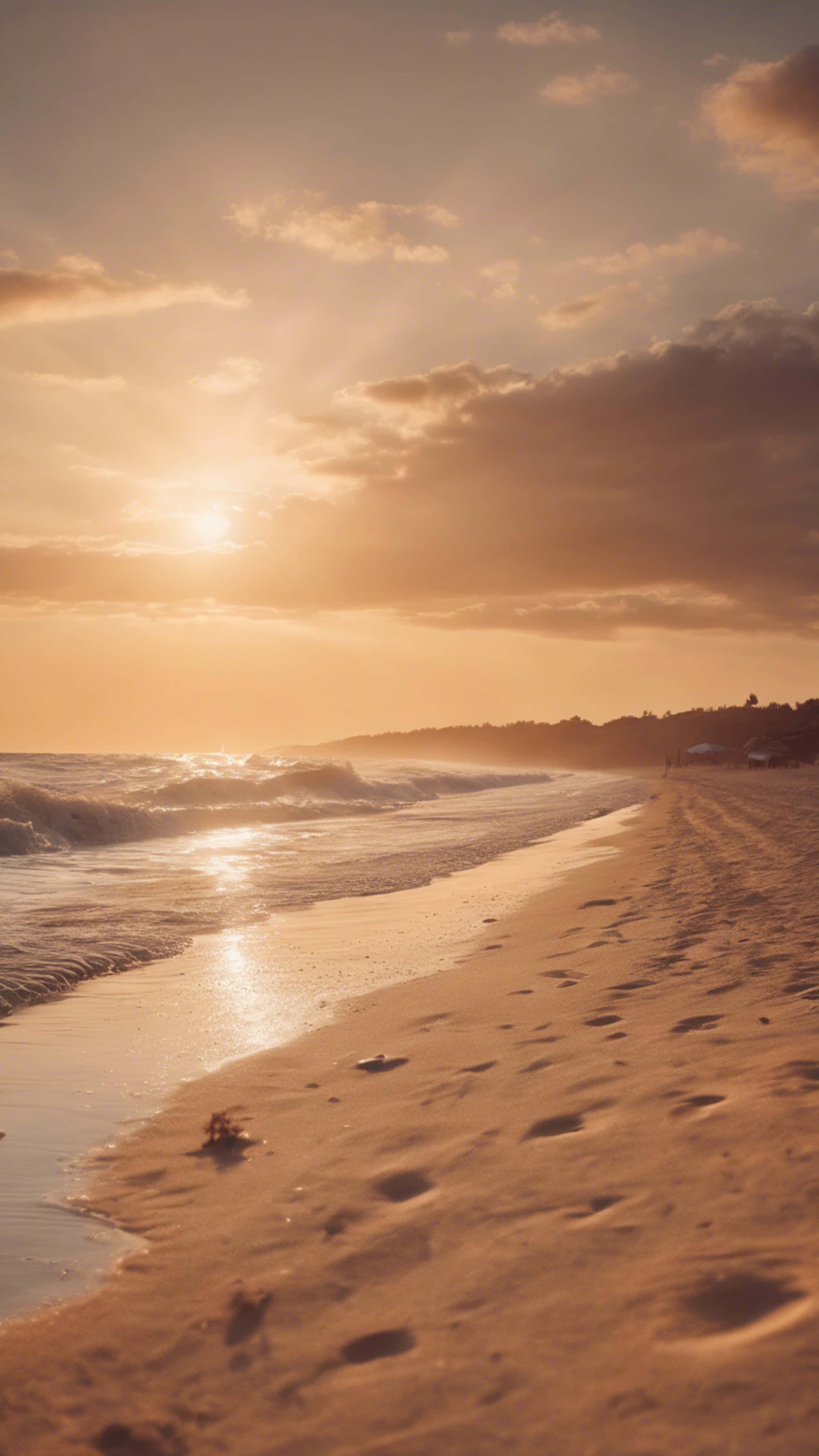 Golden Sunset, sandy beach, footprints, 4K Phone Wallpaper