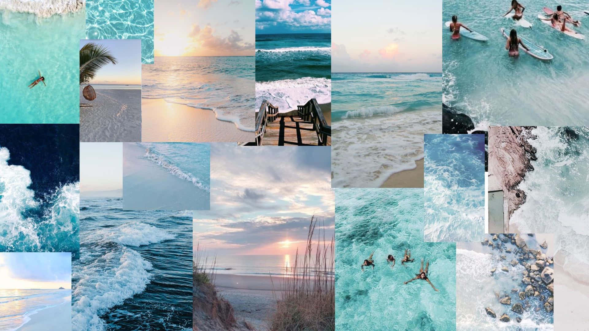 Coastal Collage Aesthetic, tropical beach scenes, turquoise waters, Full HD Desktop Wallpaper