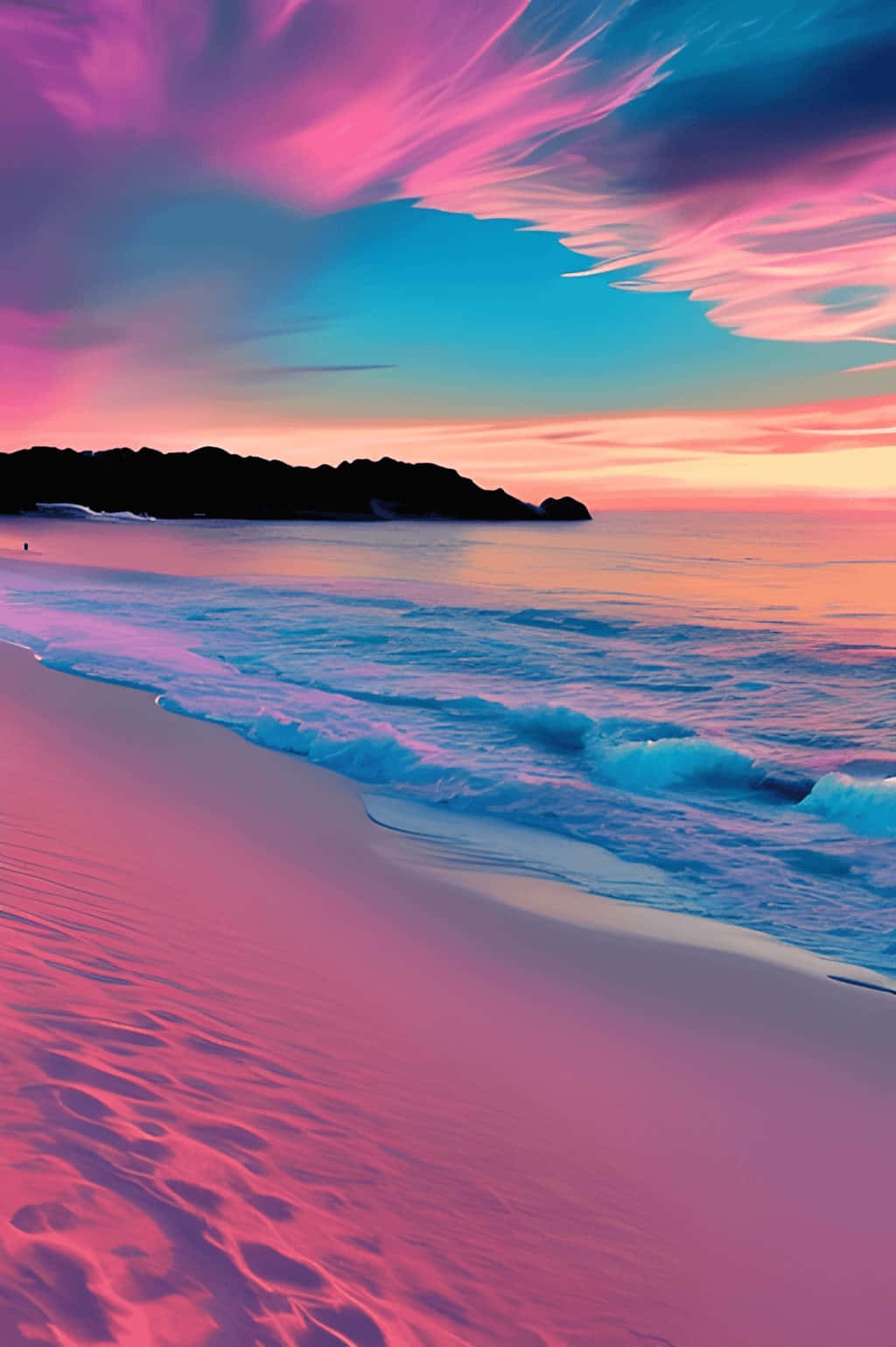 vibrant coastal sunset, pink and cyan waves, twilight beach, HD Phone Wallpaper