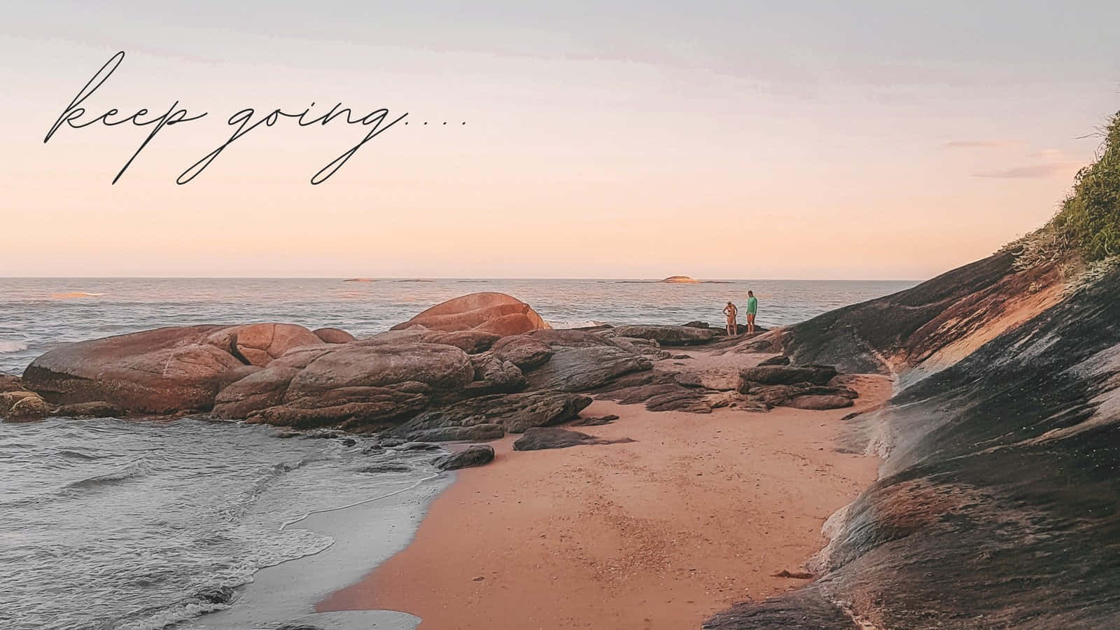 pink sand beach, reddish rocks, gentle waves, HD Desktop Wallpaper