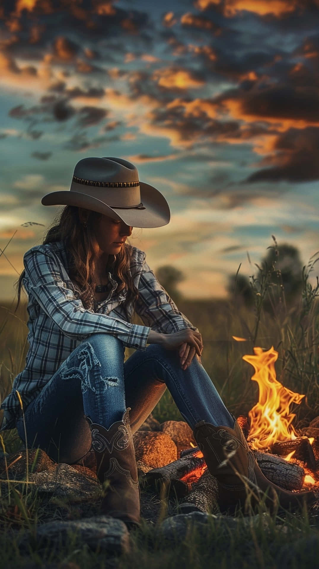 cowgirl, sunset, campfire, Full HD Phone Wallpaper