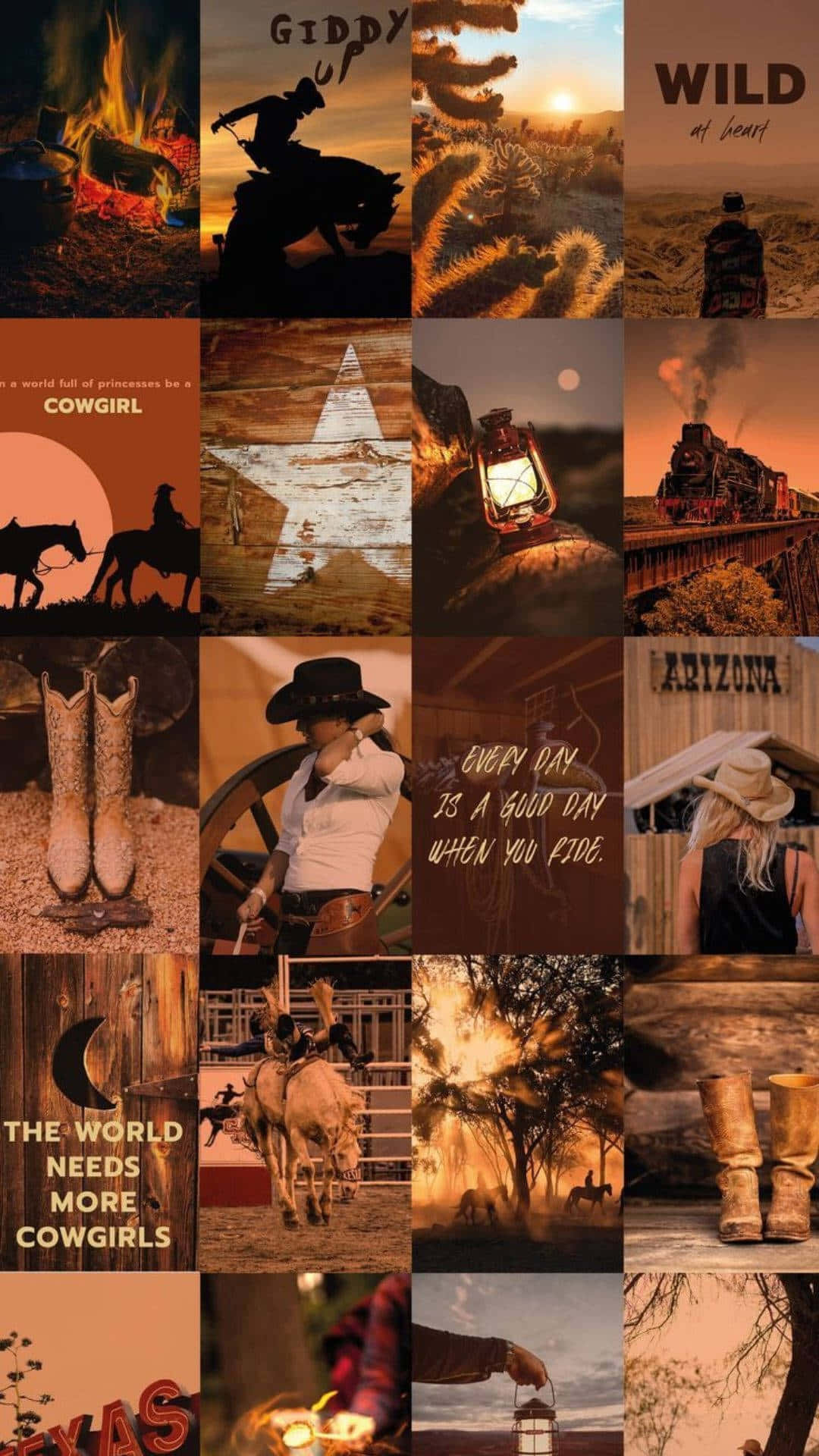 Country Cowgirl Aesthetic Collage, silhouettes horses, boots, Full HD Phone Wallpaper