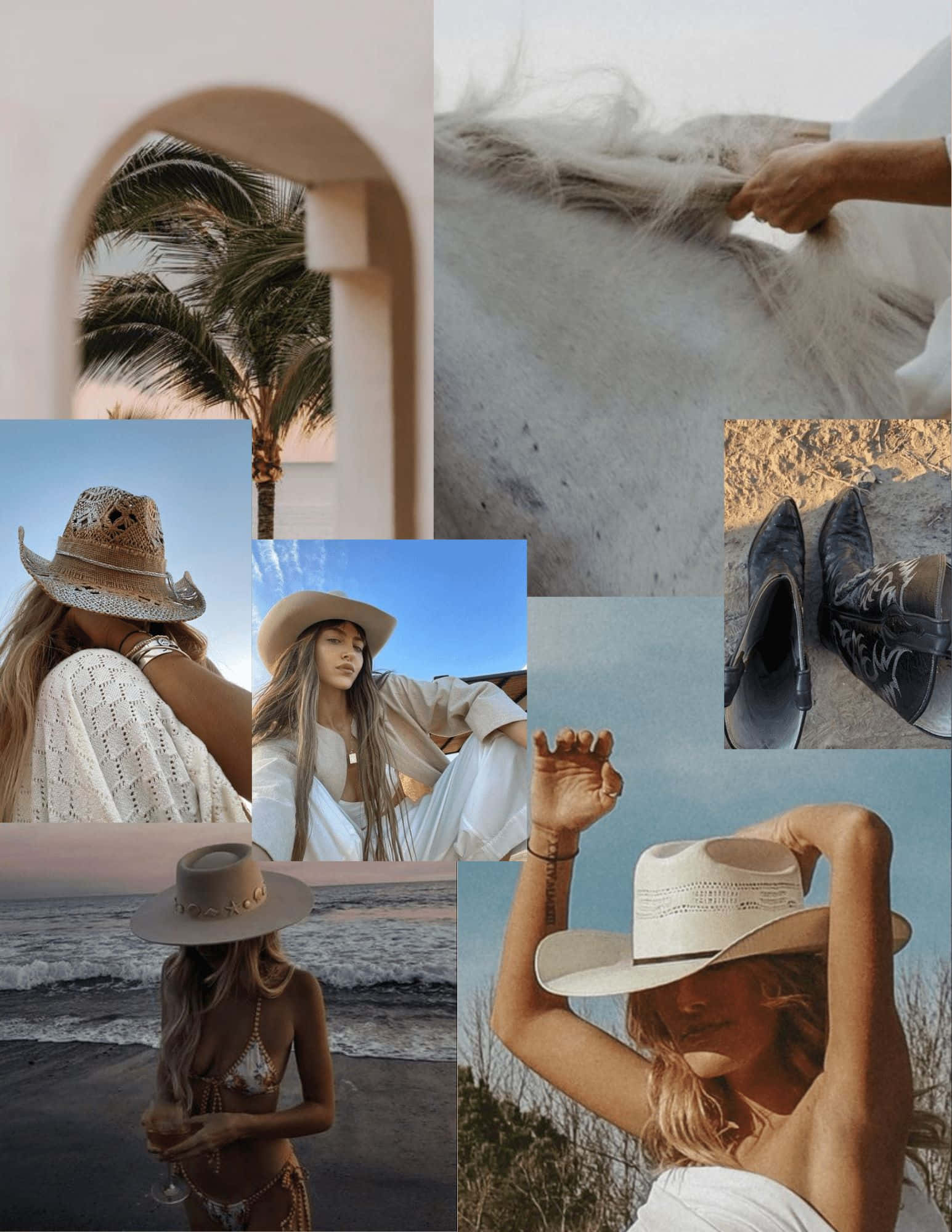 Coastal Cowgirl Aesthetic, sunlit beach scenes, wide-brimmed hats, Full HD Phone Wallpaper