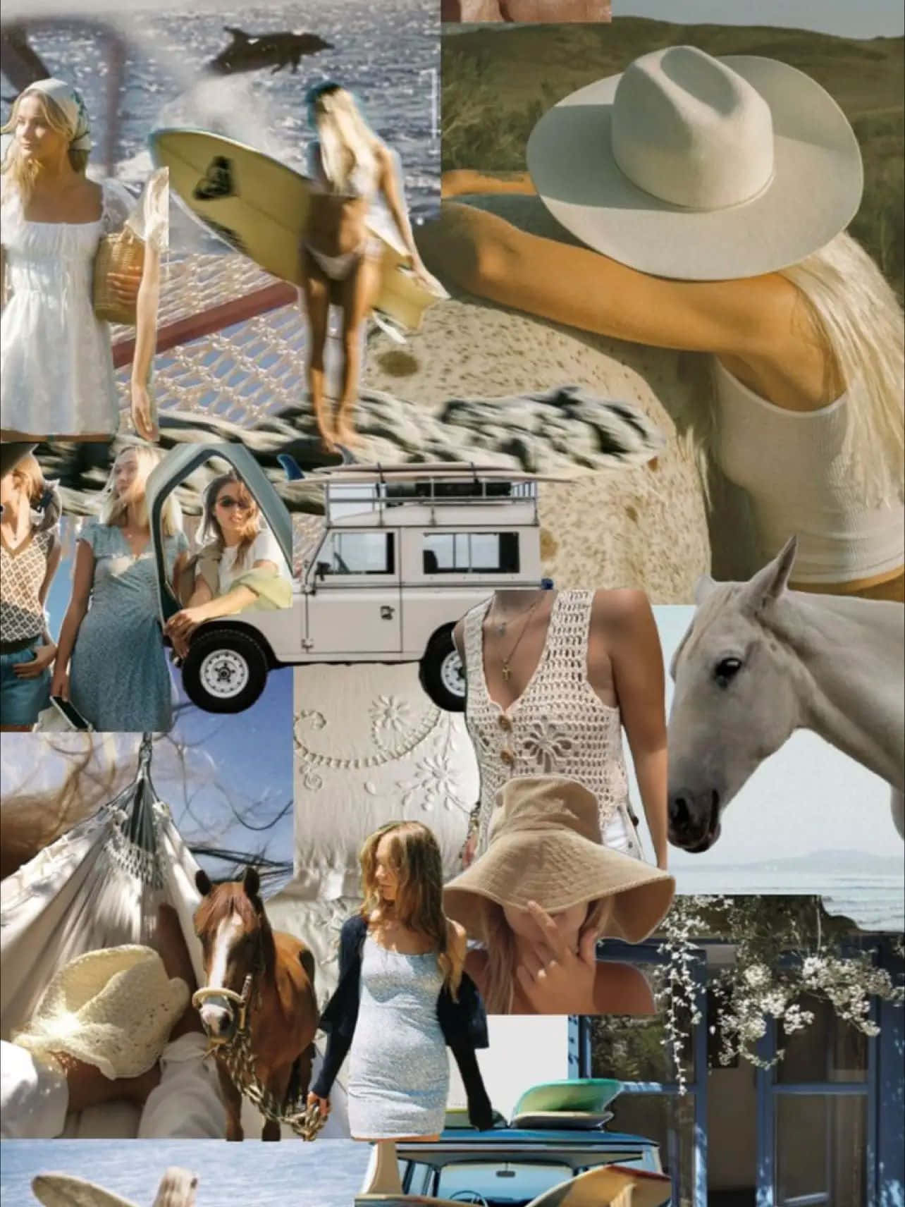 Coastal Cowgirl Collage Aesthetic, white dresses, surfboards, HD Phone Wallpaper