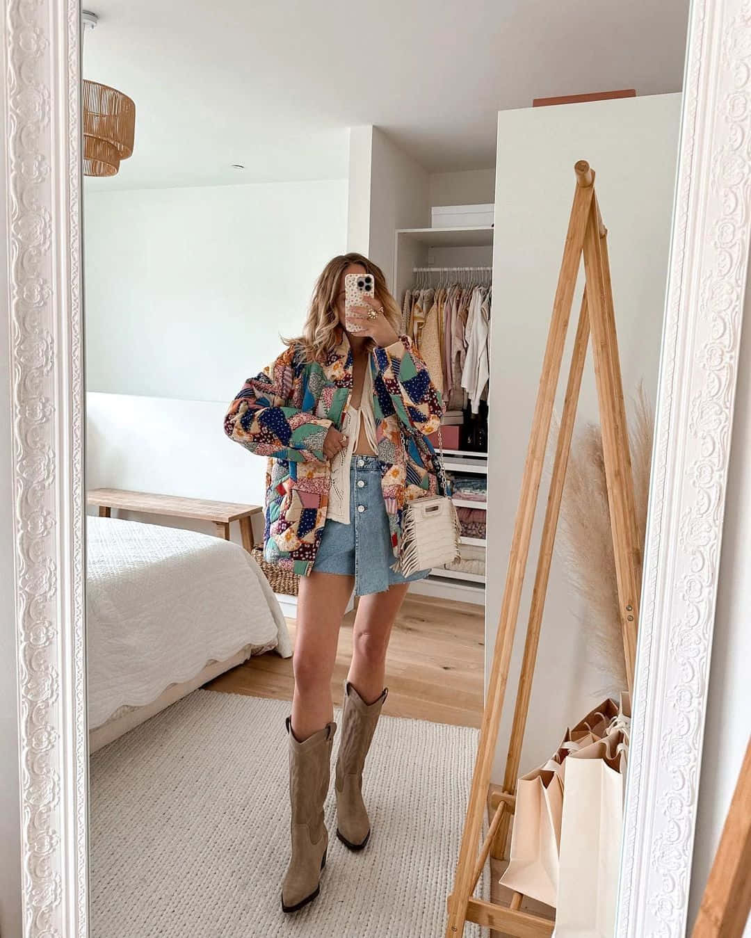 Coastal Cowgirl Aesthetic, mirror selfie, colorful patchwork jacket, HD Phone Wallpaper