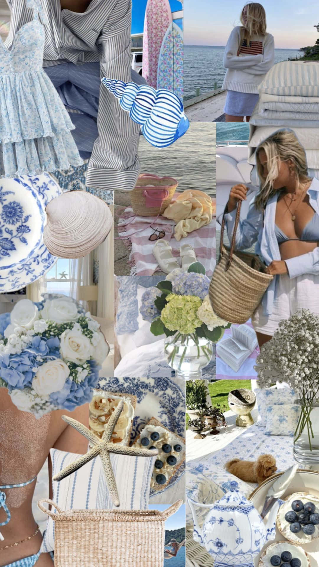 Coastal Granddaughter, blue and white striped textiles, seashells, Full HD Phone Wallpaper
