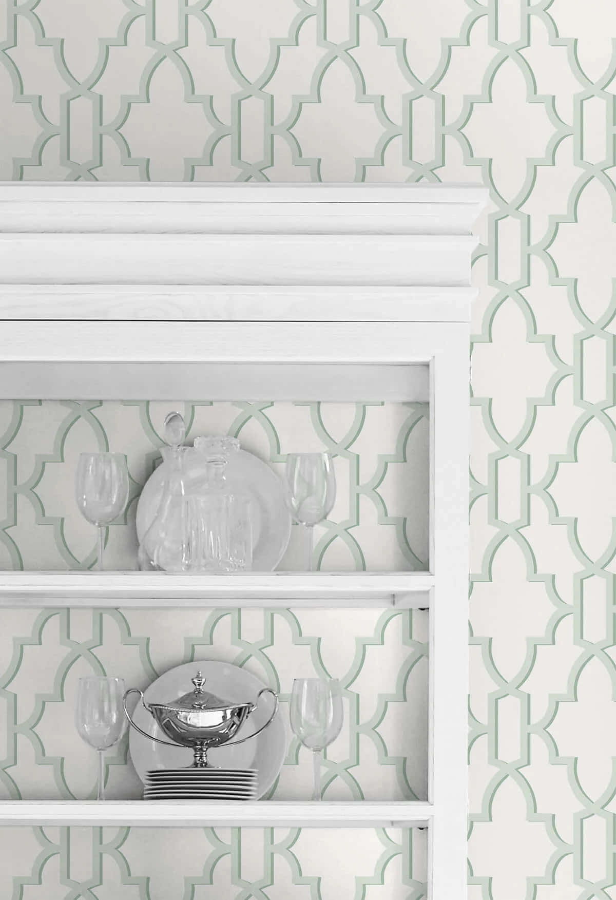 elegant white shelf, mint green geometric patterned wallpaper, glassware, HD Phone Wallpaper