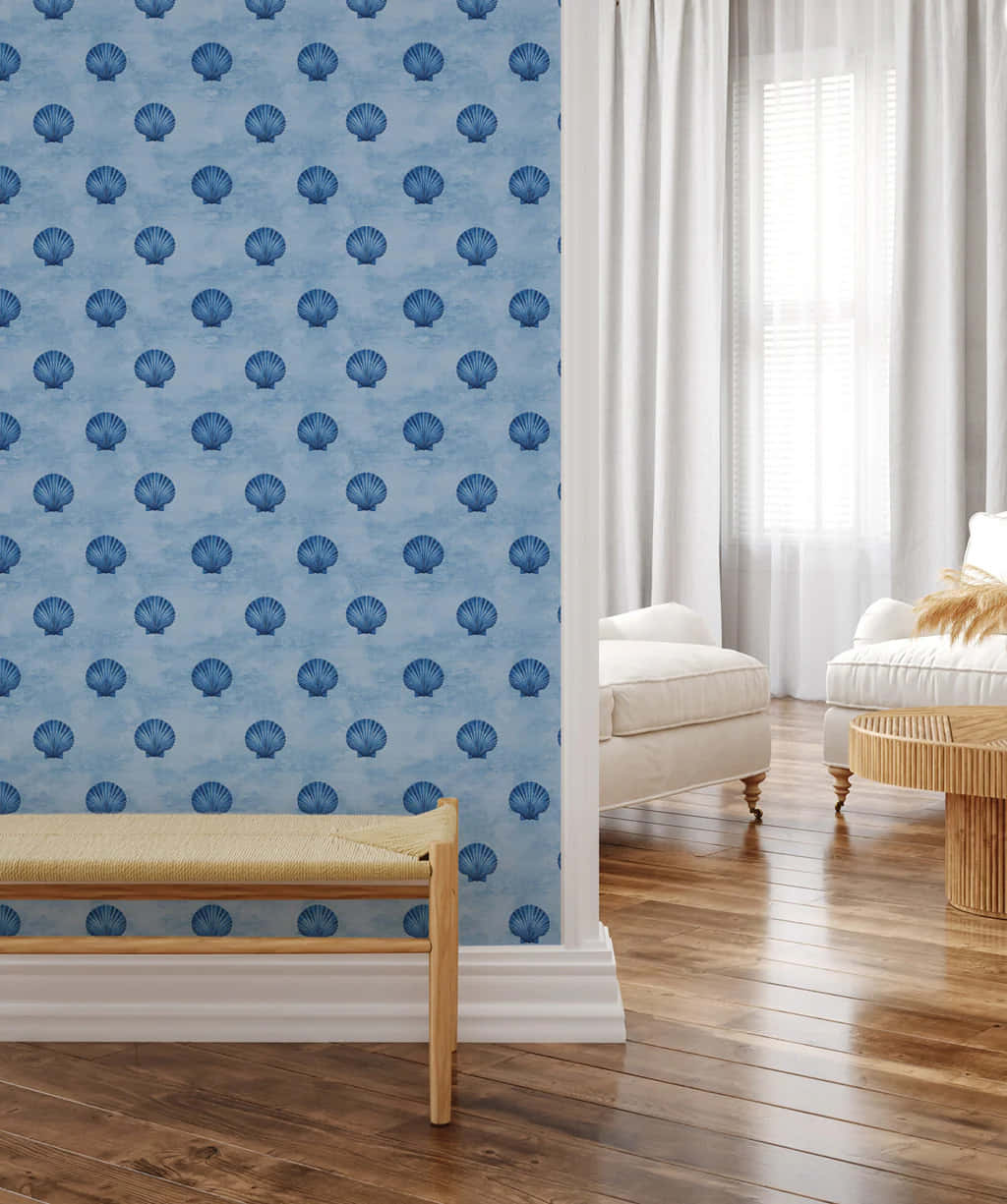Coastal Granddaughter, blue seashell wallpaper, wooden floors, SD Phone Wallpaper