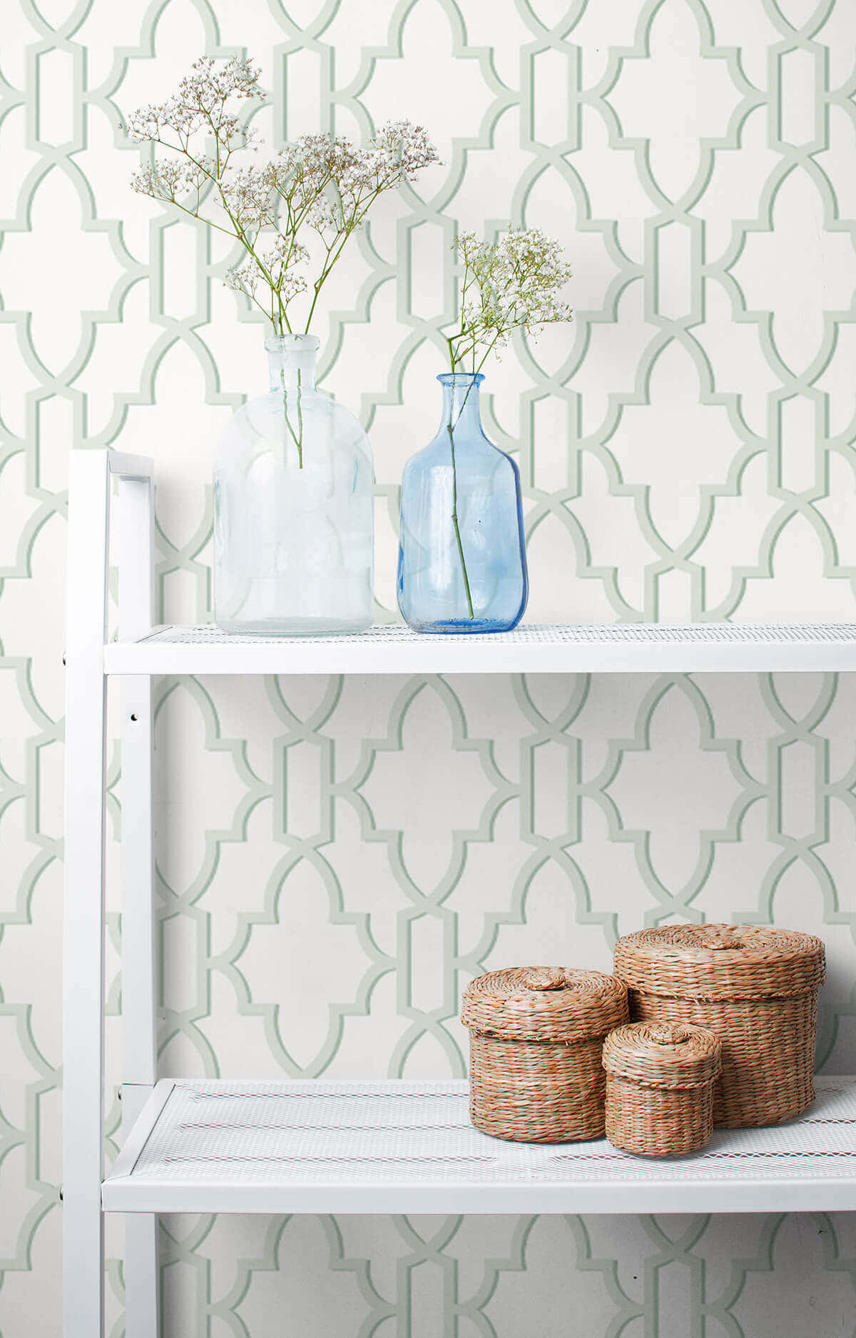 Coastal Granddaughter, mint green geometric wallpaper, white metal shelf, HD Phone Wallpaper