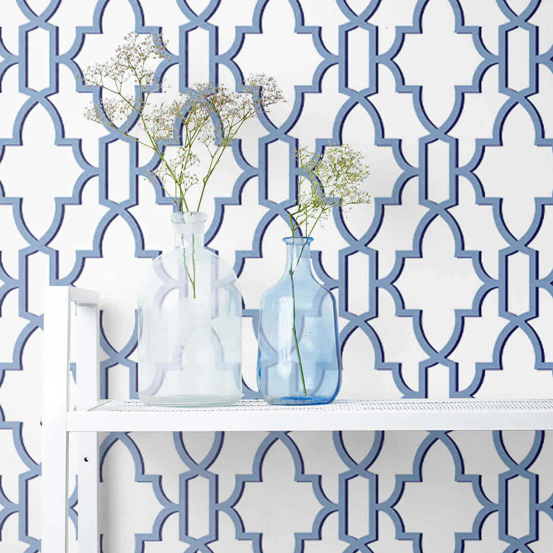 Coastal Granddaughter, white shelf, blue geometric patterned wallpaper, SD Desktop Wallpaper