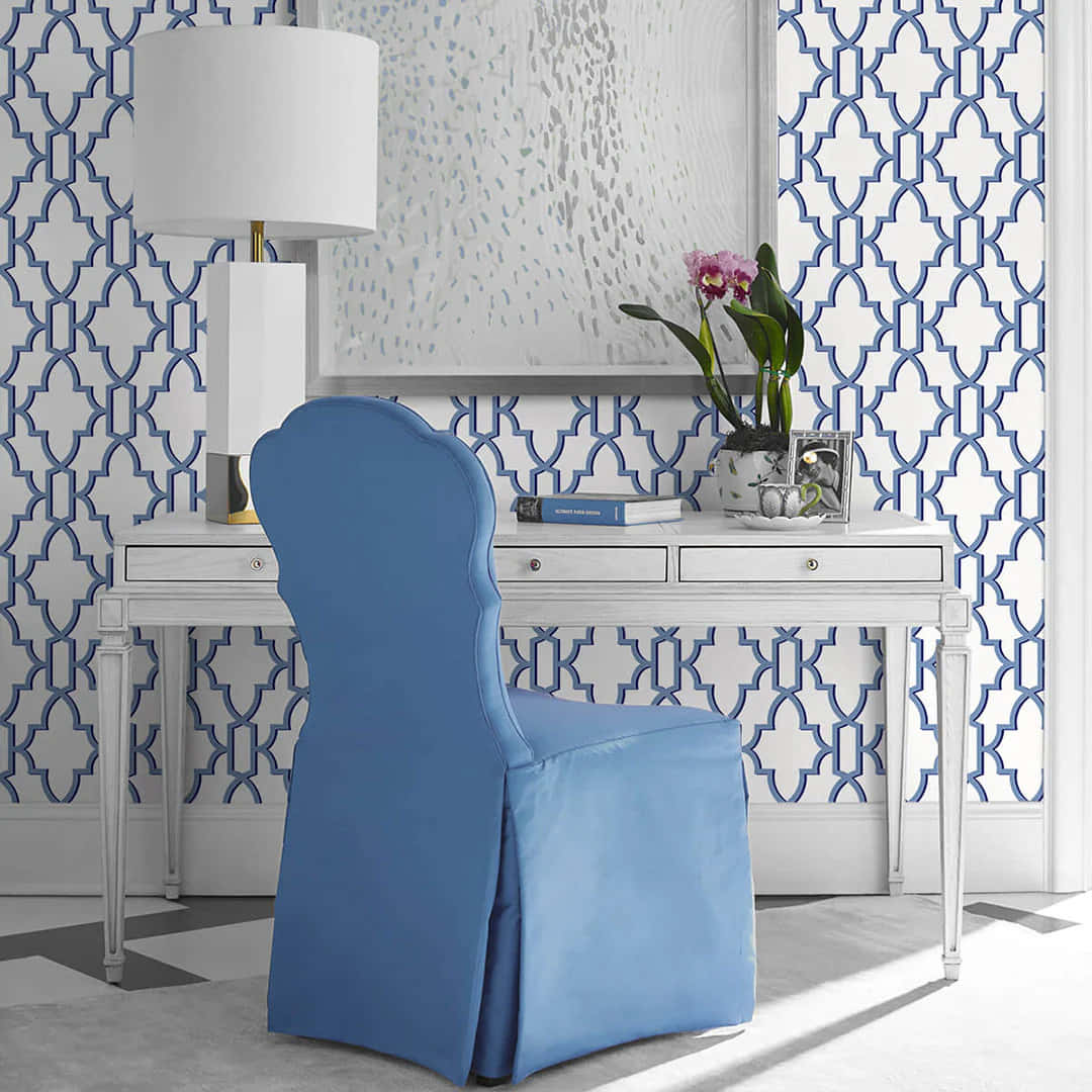 Coastal Granddaughter, blue slipcovered chair, white desk, SD Desktop Wallpaper