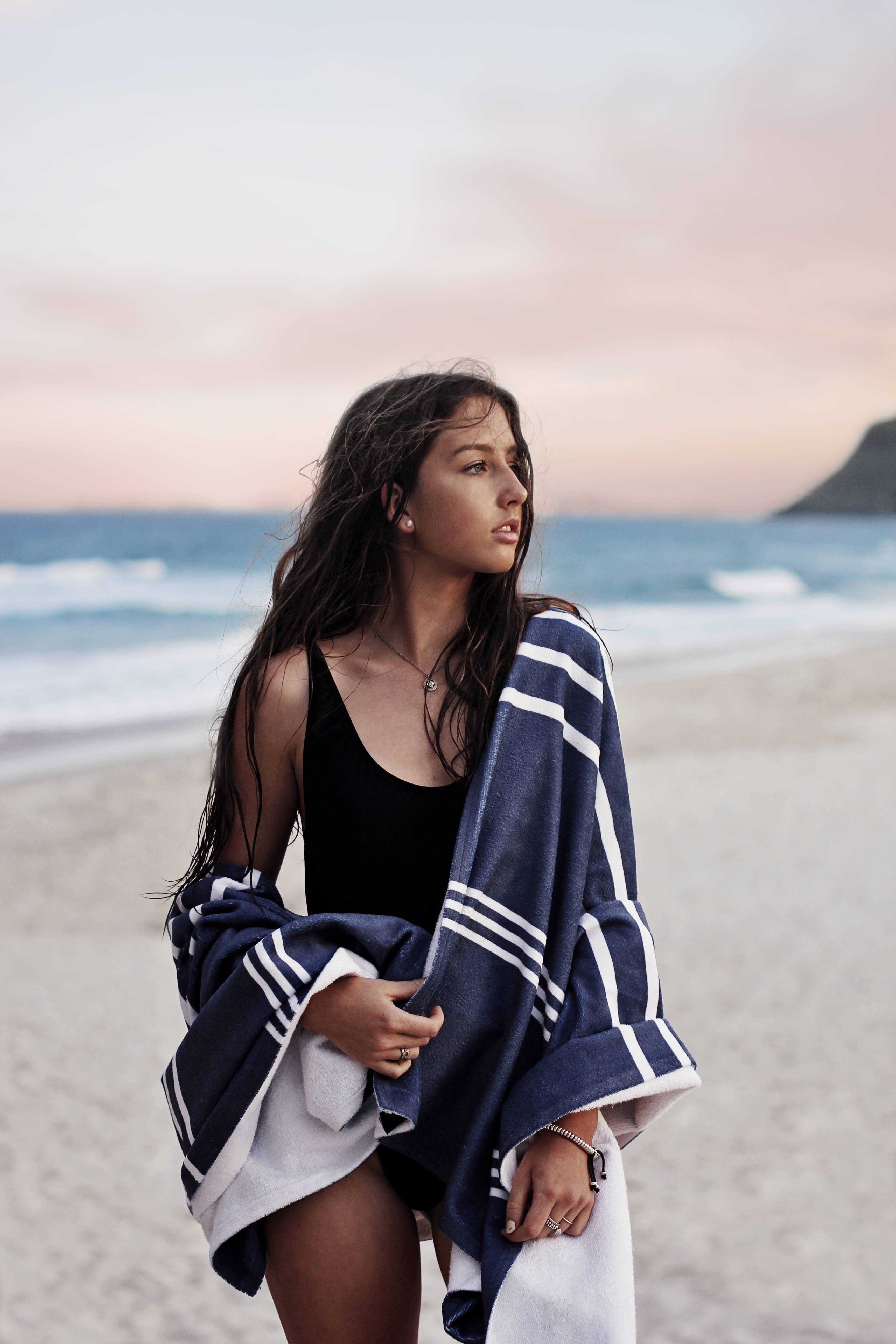 navy and white striped towel, sandy beach, sunset, 5K Phone Wallpaper