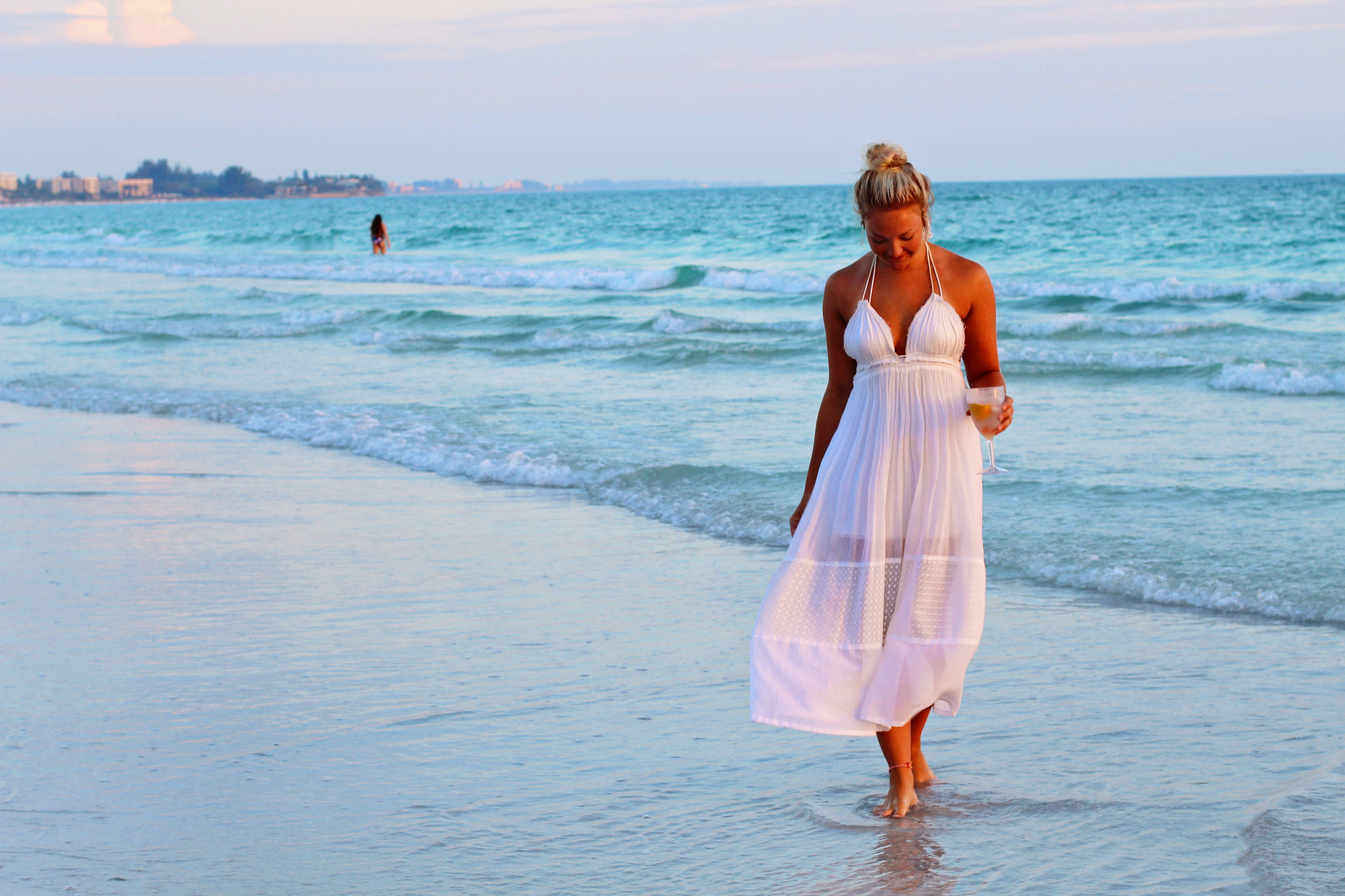 beach girl, sunlit beach, sunset, 5K Desktop Wallpaper