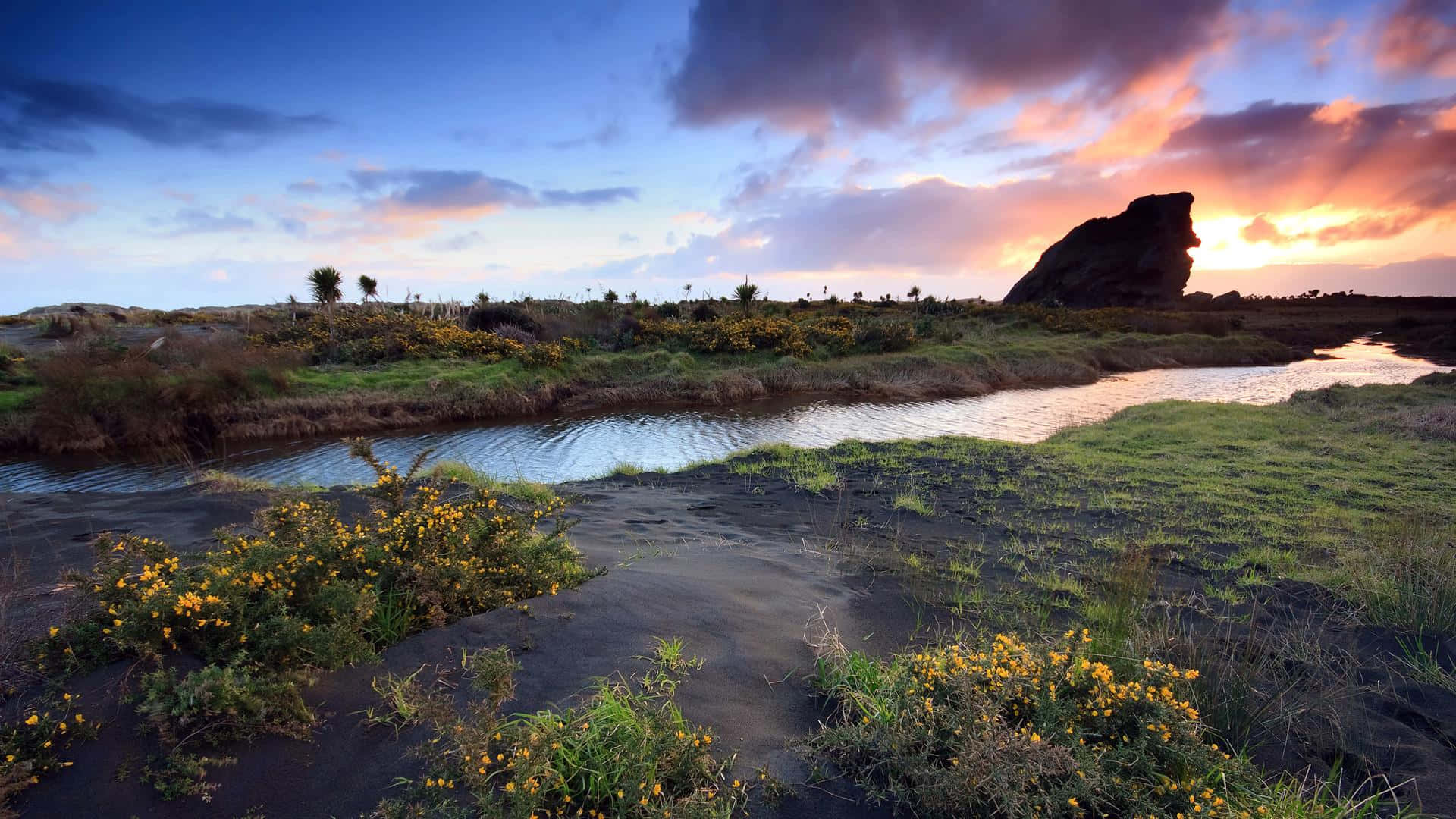 Sunset Serenity Coastline, twilight landscape, winding stream, Full HD Desktop Wallpaper