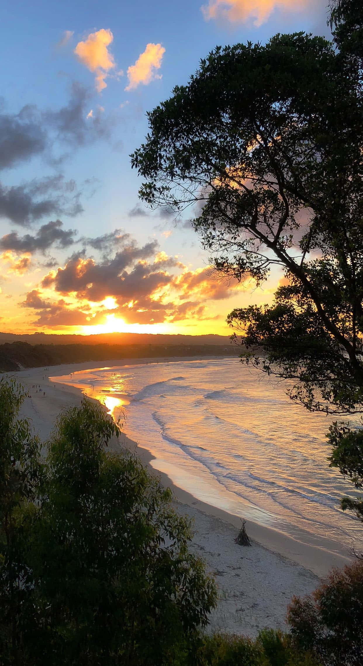 Coastal Sunset, sandy beach, fiery orange and gold, Full HD Phone Wallpaper