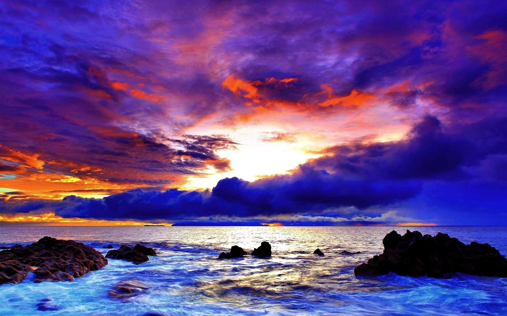 Coastal Sunset, purple orange and blue sunset, rocky ocean shoreline, Full HD Desktop Wallpaper