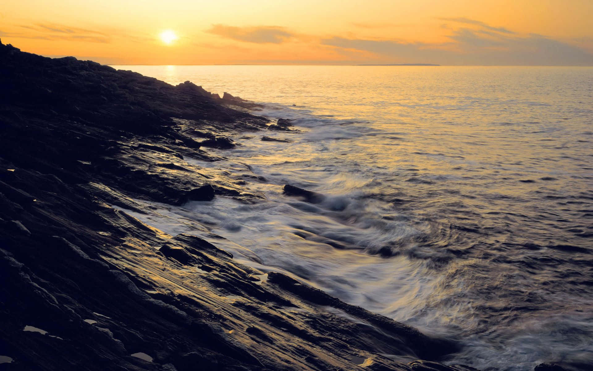 Coastal Sunset, golden sunset, waves crashing, Full HD Desktop Wallpaper