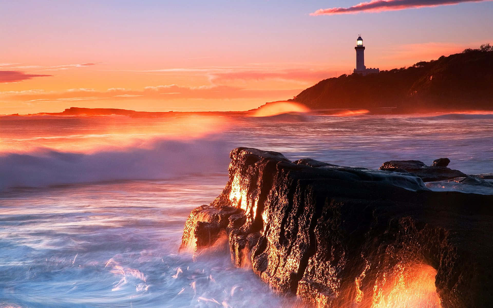Coastal Sunset, lighthouse, cliff, Full HD Desktop Wallpaper