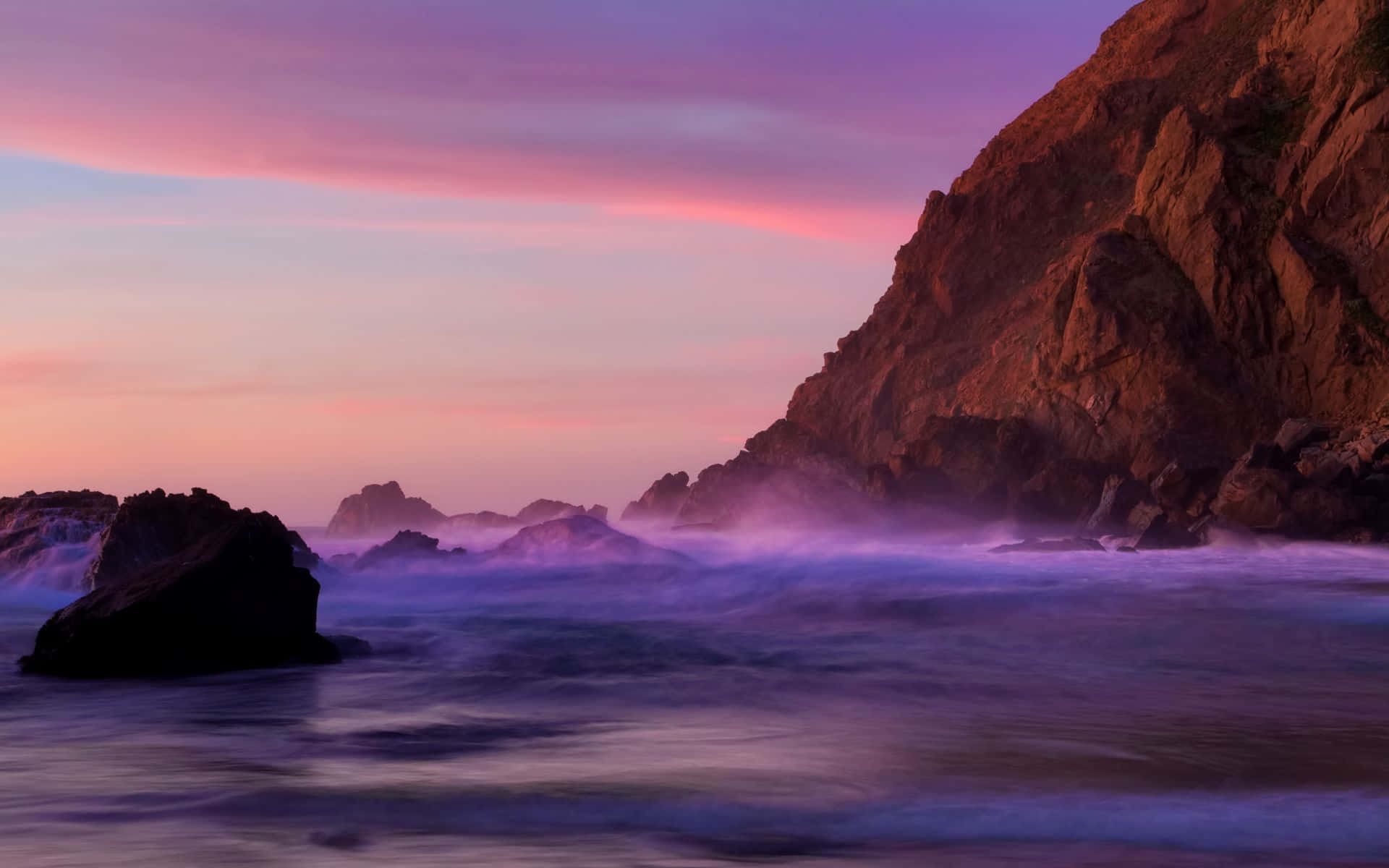 Coastal Sunset, purple and pink skies, misty waves, Full HD Desktop Wallpaper