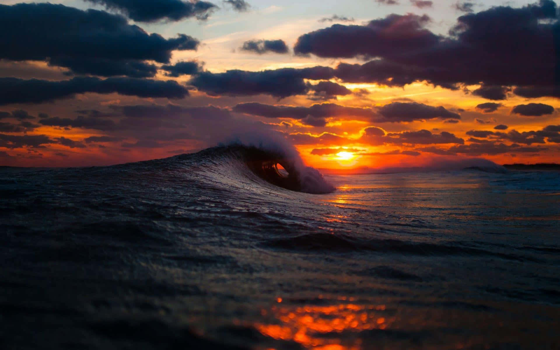 Ocean Sunset, fiery orange and purple hues, massive ocean wave, Full HD Desktop Wallpaper