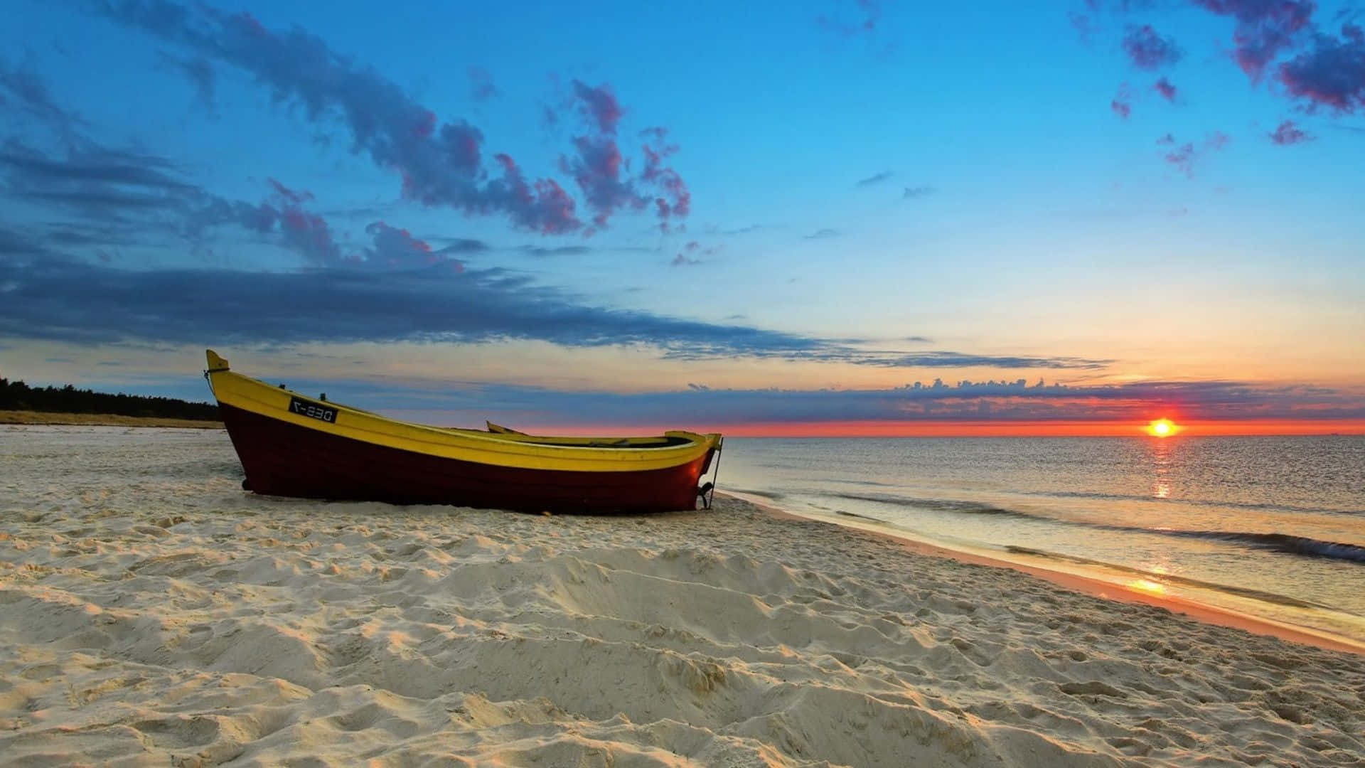 Coastal Sunset, red and yellow boat, sandy beach, Full HD Desktop Wallpaper