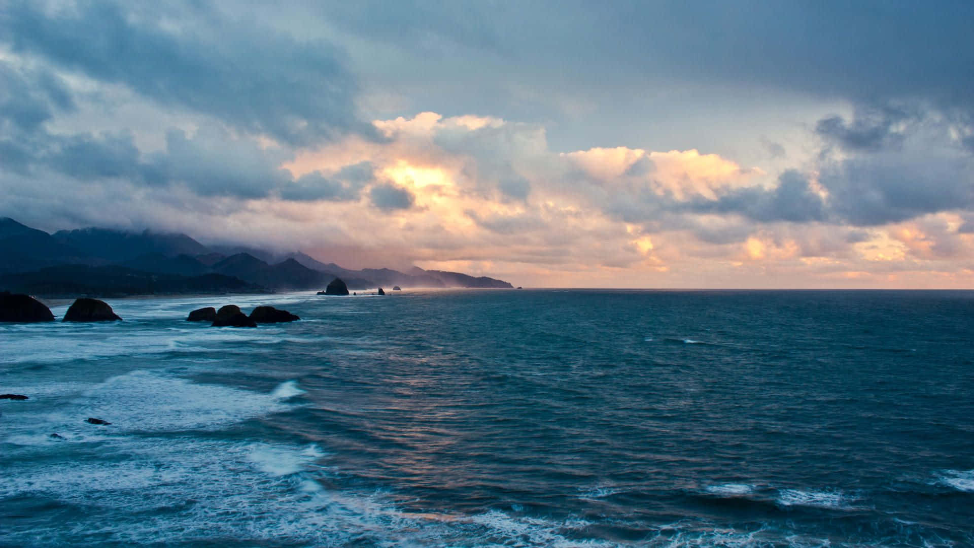 Coastal Sunset, ocean waves, dark rocks, Full HD Desktop Wallpaper