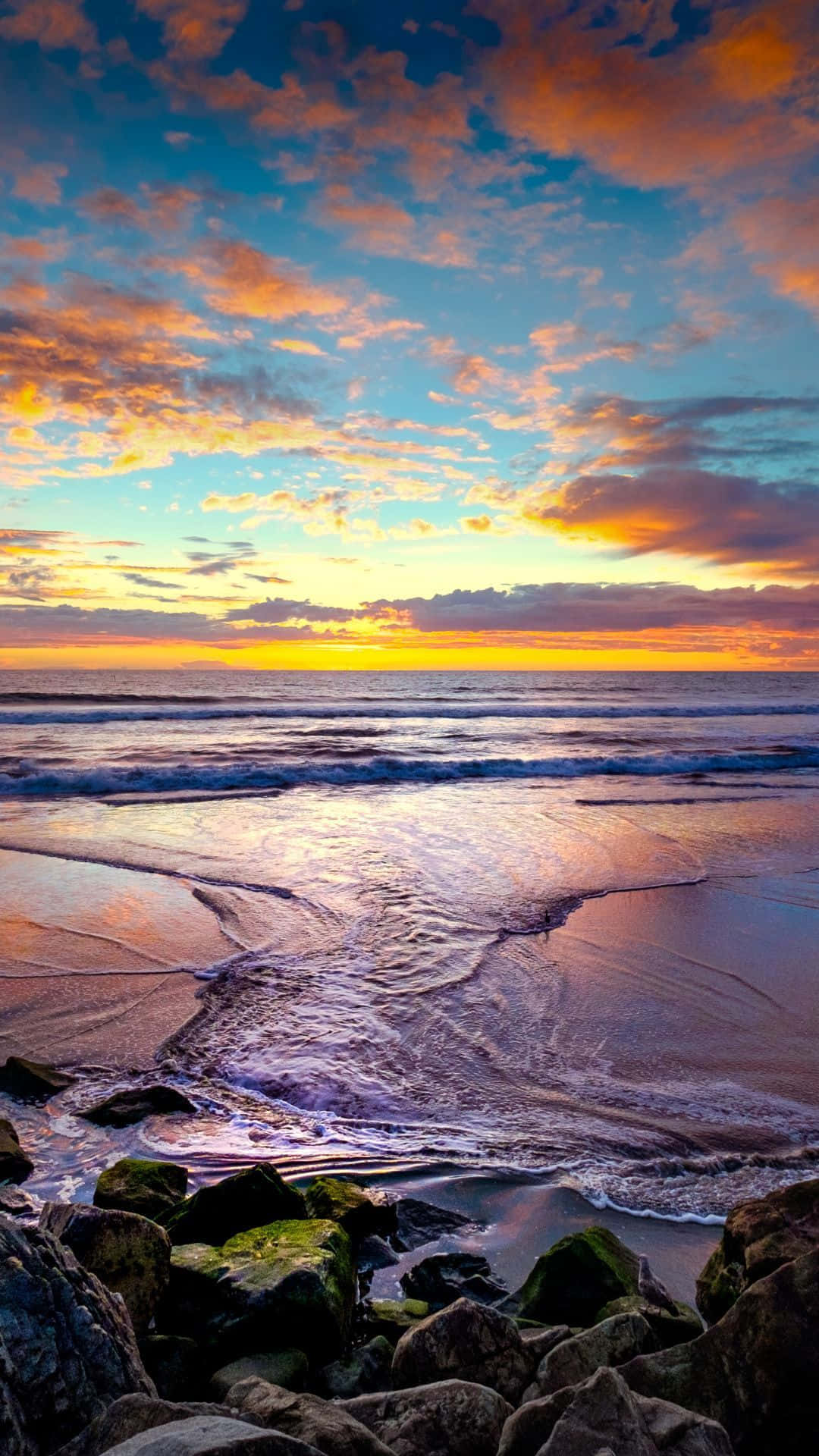 Coastal Sunset, fiery orange, blue, Full HD Phone Wallpaper