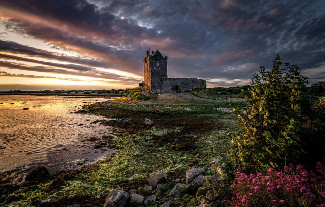 Coastal Sunset, sunset, ancient stone tower, HD Desktop Wallpaper
