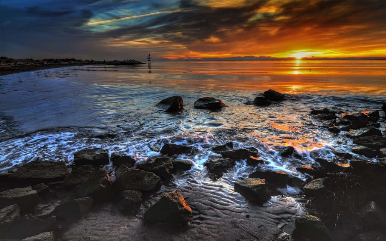 Coastal Sunset, fiery orange, deep blue, HD Desktop Wallpaper