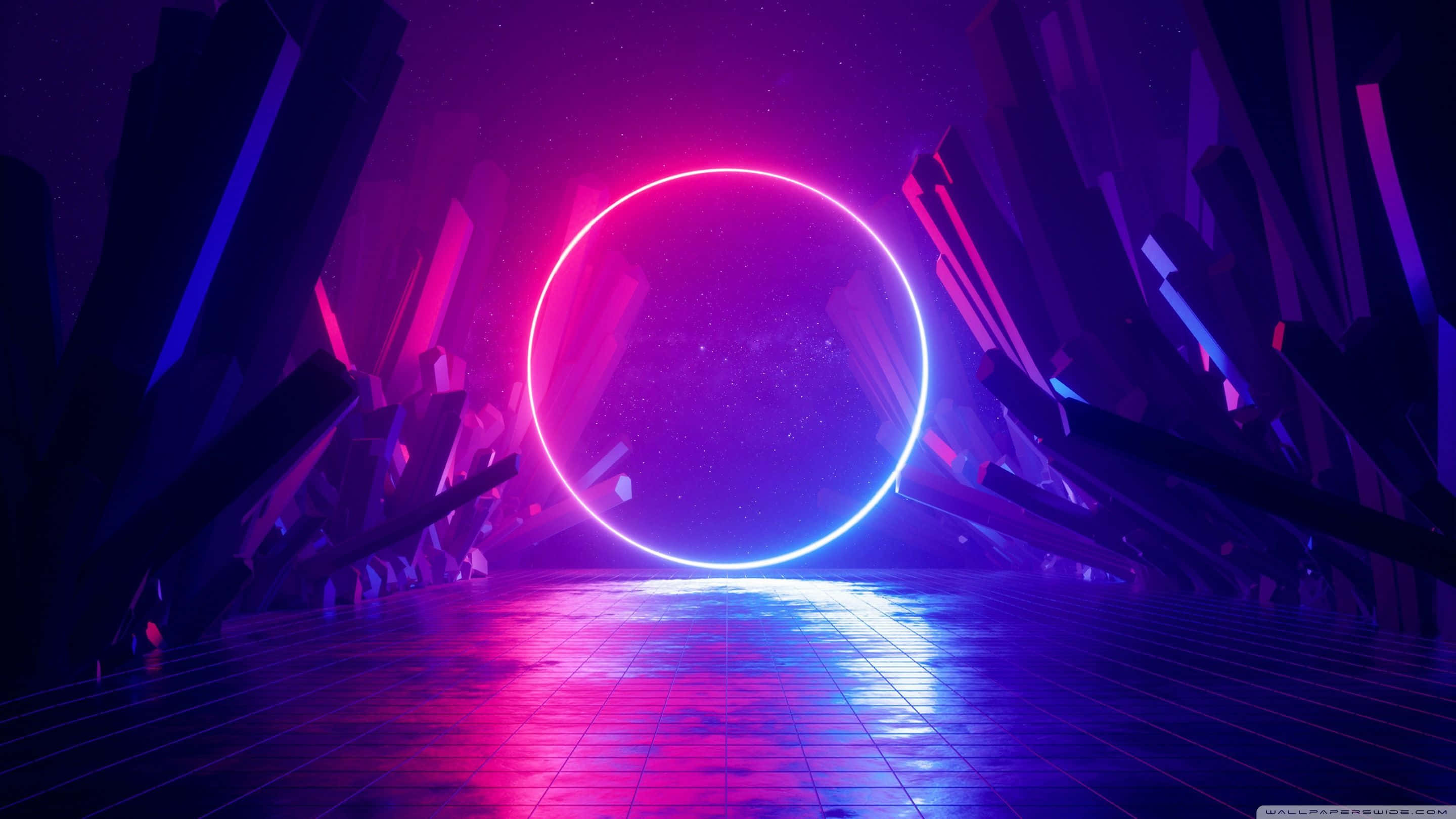 neon portal, vibrant pink and blue hues, futuristic crystalline chamber, 2K Desktop Wallpaper