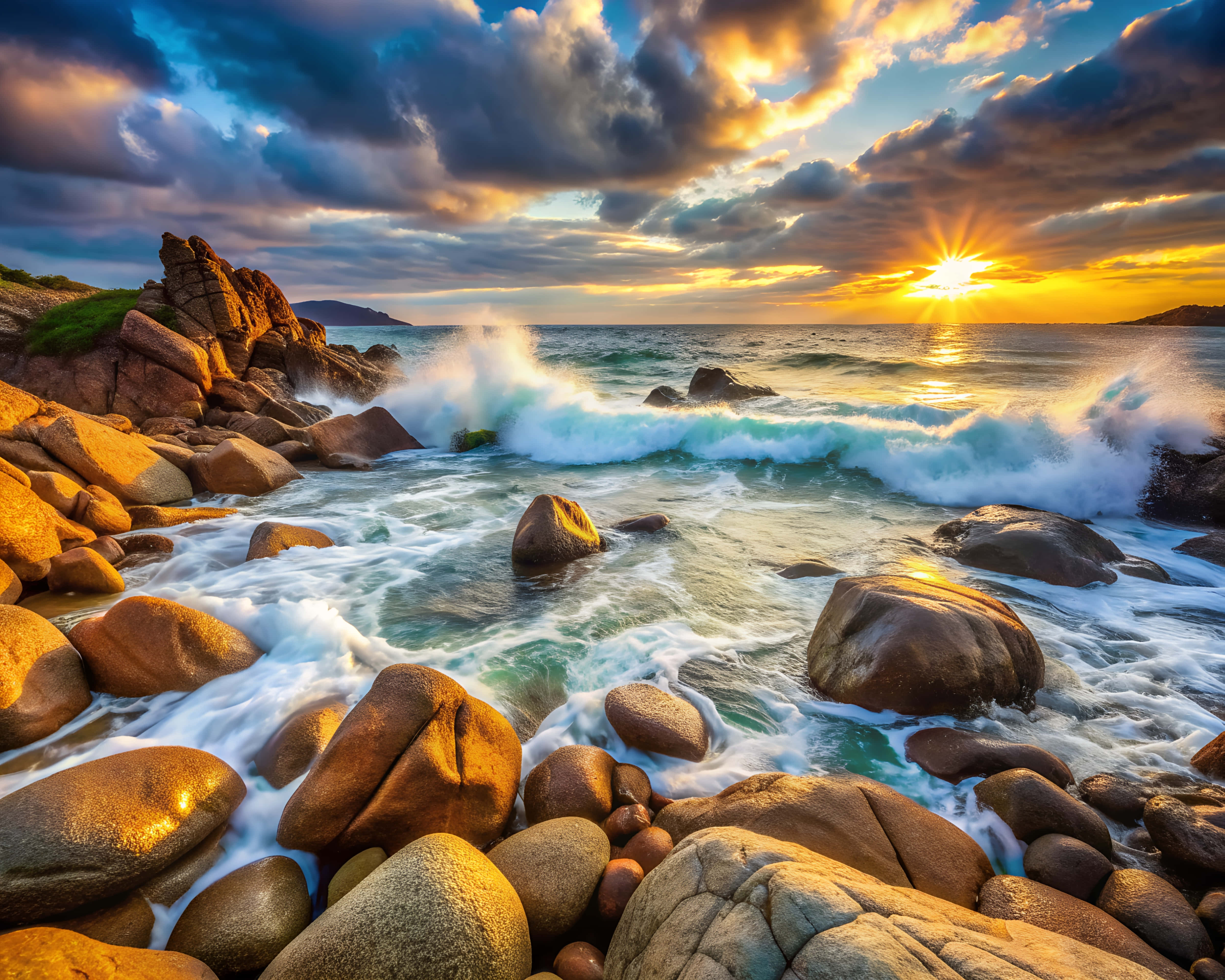 Sunset, gold, waves, 4K Desktop Wallpaper